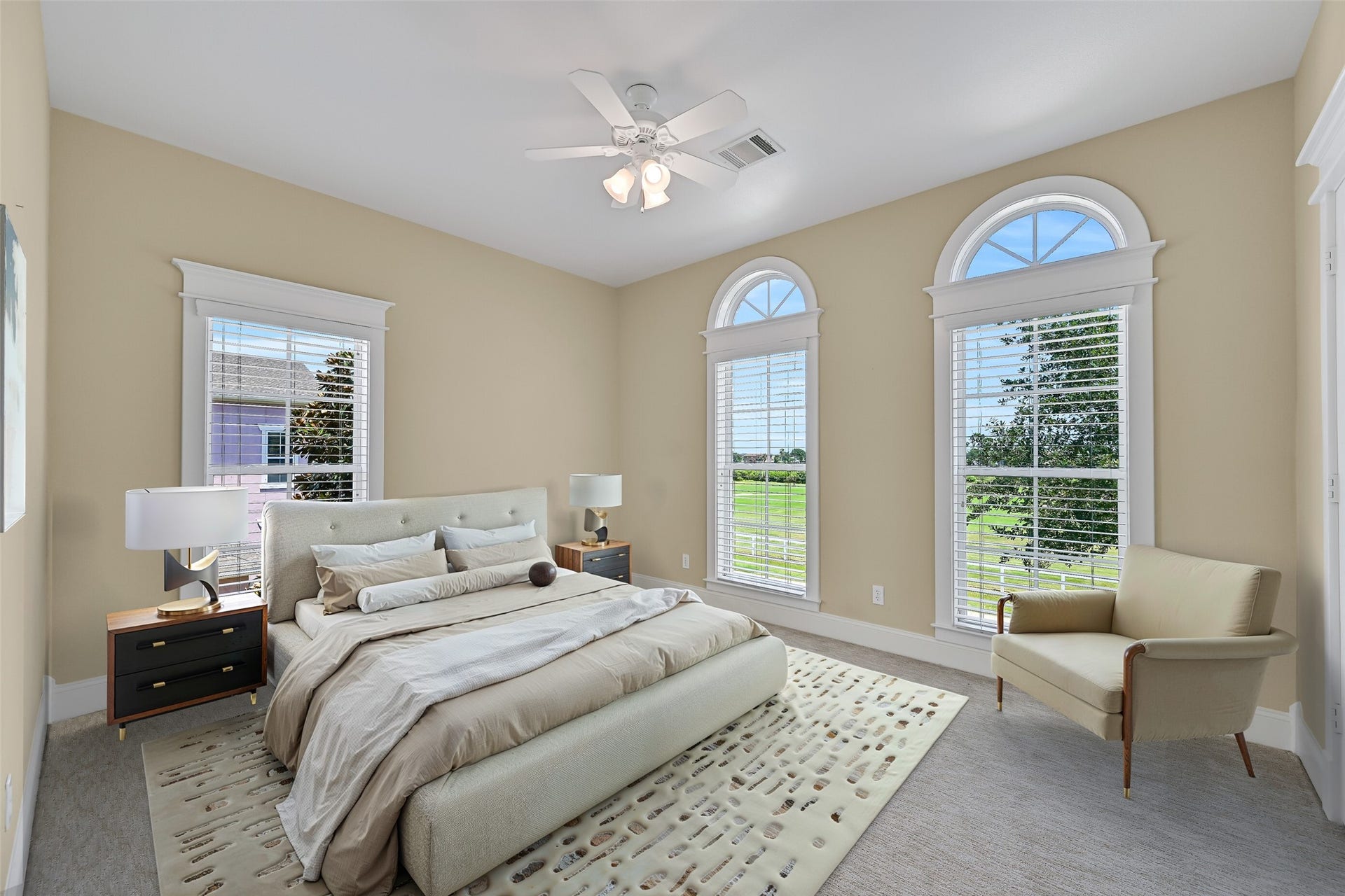 6 Barque Lane, Galveston, TX 77554 2nd bedroom, with sweeping golf course views. This photo is virtually-staged.