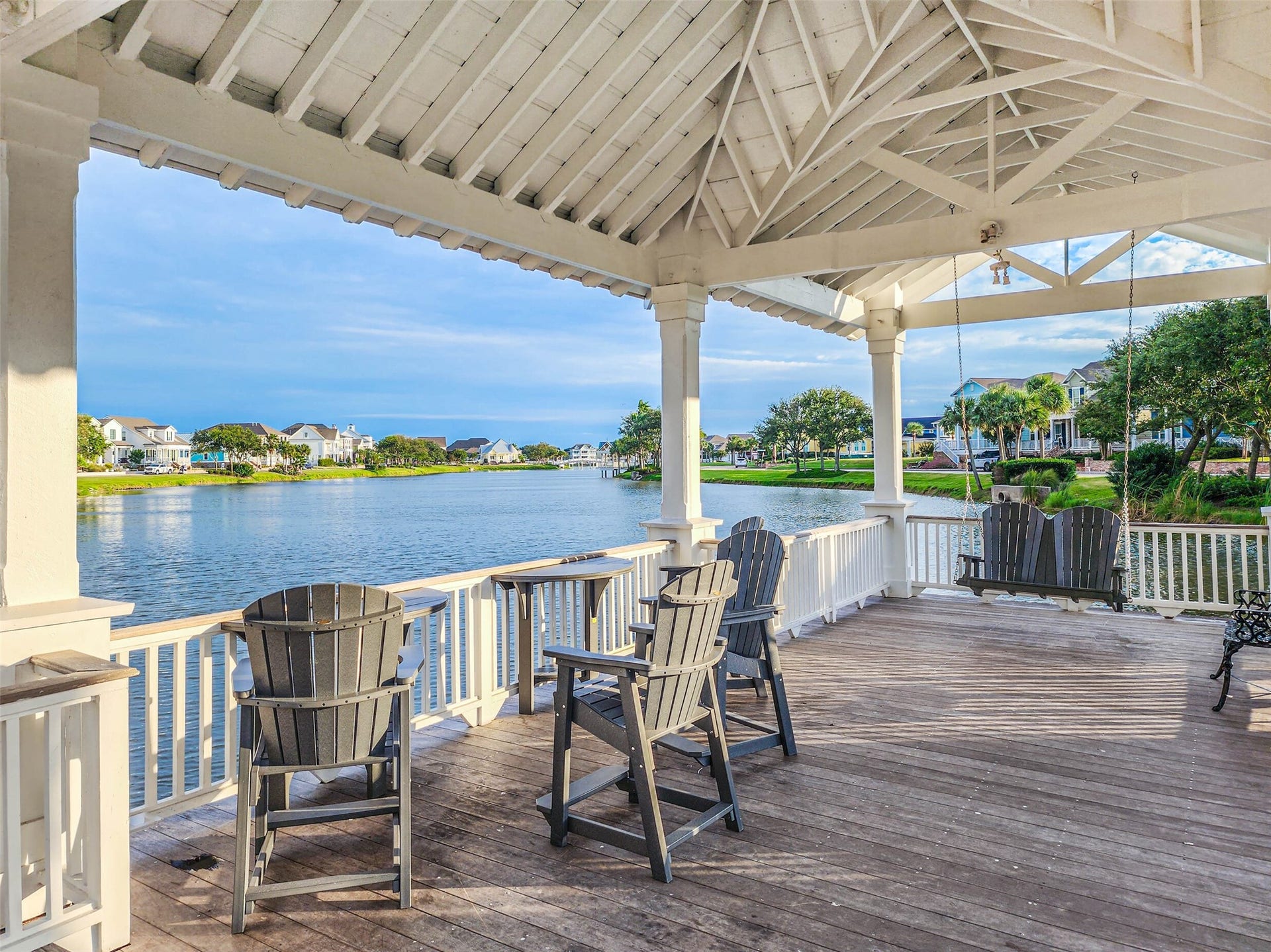 6 Barque Lane, Galveston, TX 77554 Gazebos such as these dot the multiple lakes throughout the subdivision, offering peaceful gathering spaces for you to enjoy all year around. Check out these stunning water & sunset views.