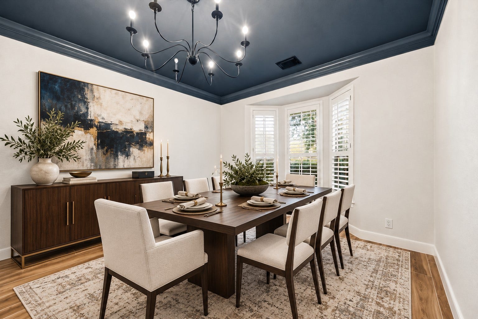 7922 EMERALD HAVEN DRIVE, Sugar Land, TX 77479 FORMAL DINING ROOM WITH A TRAY CEILING, CROWN MOLDING, STATEMENT LIGHTING, AND A BAY WINDOW WITH PLANTATION SHUTTERS. **Virtually Staged.