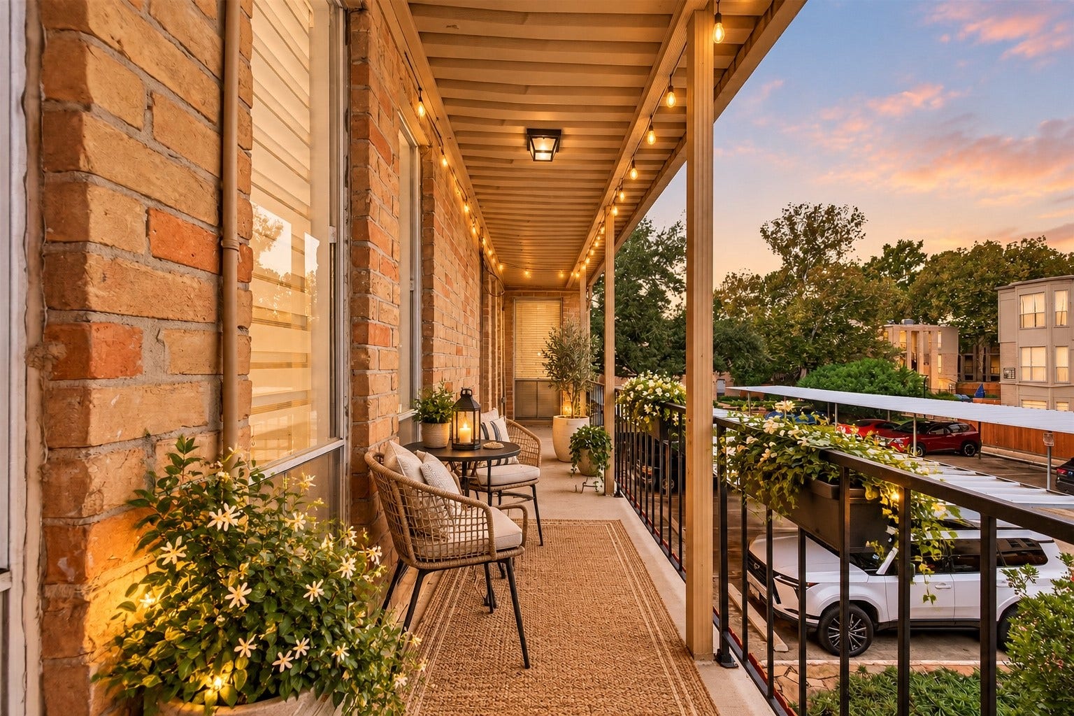 4633 Wild Indigo Street, #530, Houston, TX 77027 Enjoy a peaceful moment outdoors on the covered balcony, ideal for morning coffee or unwinding at the end of the day. Furniture and decor virtually staged.
