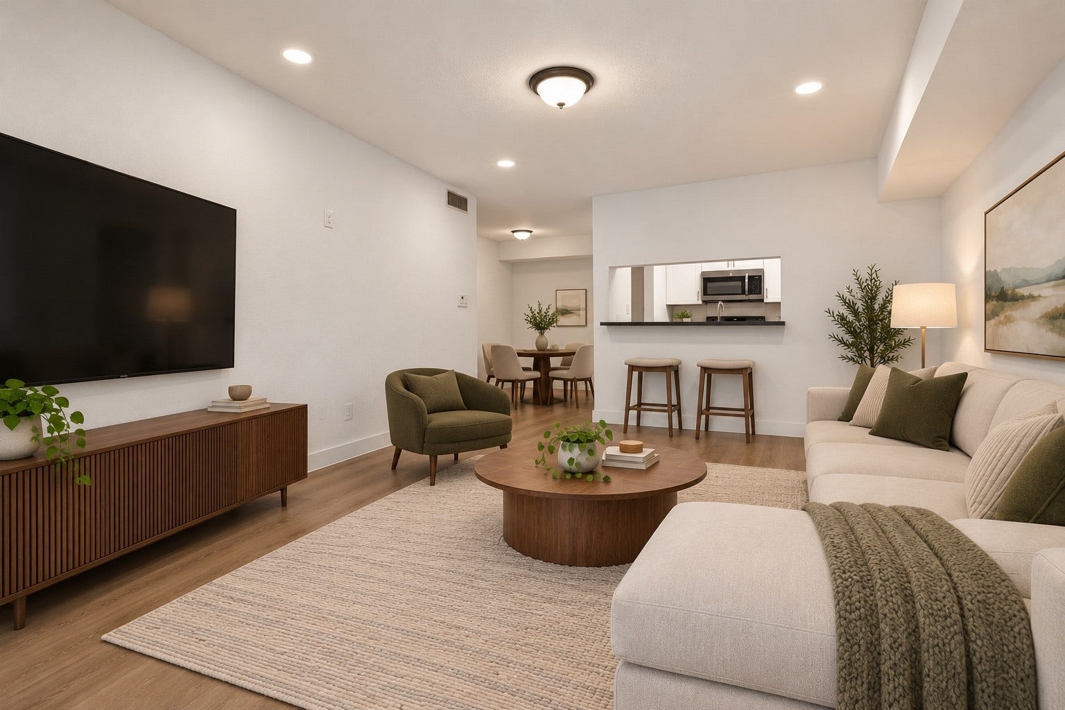 4633 Wild Indigo Street, #530, Houston, TX 77027 A spacious, inviting living area with new laminate flooring and an easy connection to the kitchen and dining space. Furniture virtually staged.