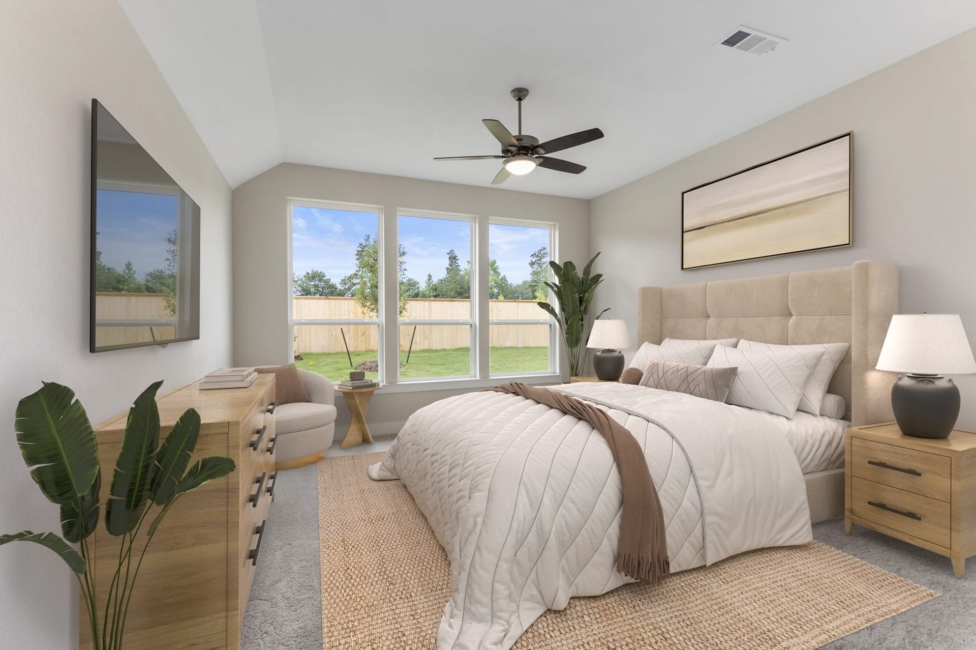 8143 Fenway Heights Dr, The Woodlands, TX 77389 Spacious bedroom with large windows with views to the backyard (virtually staged)