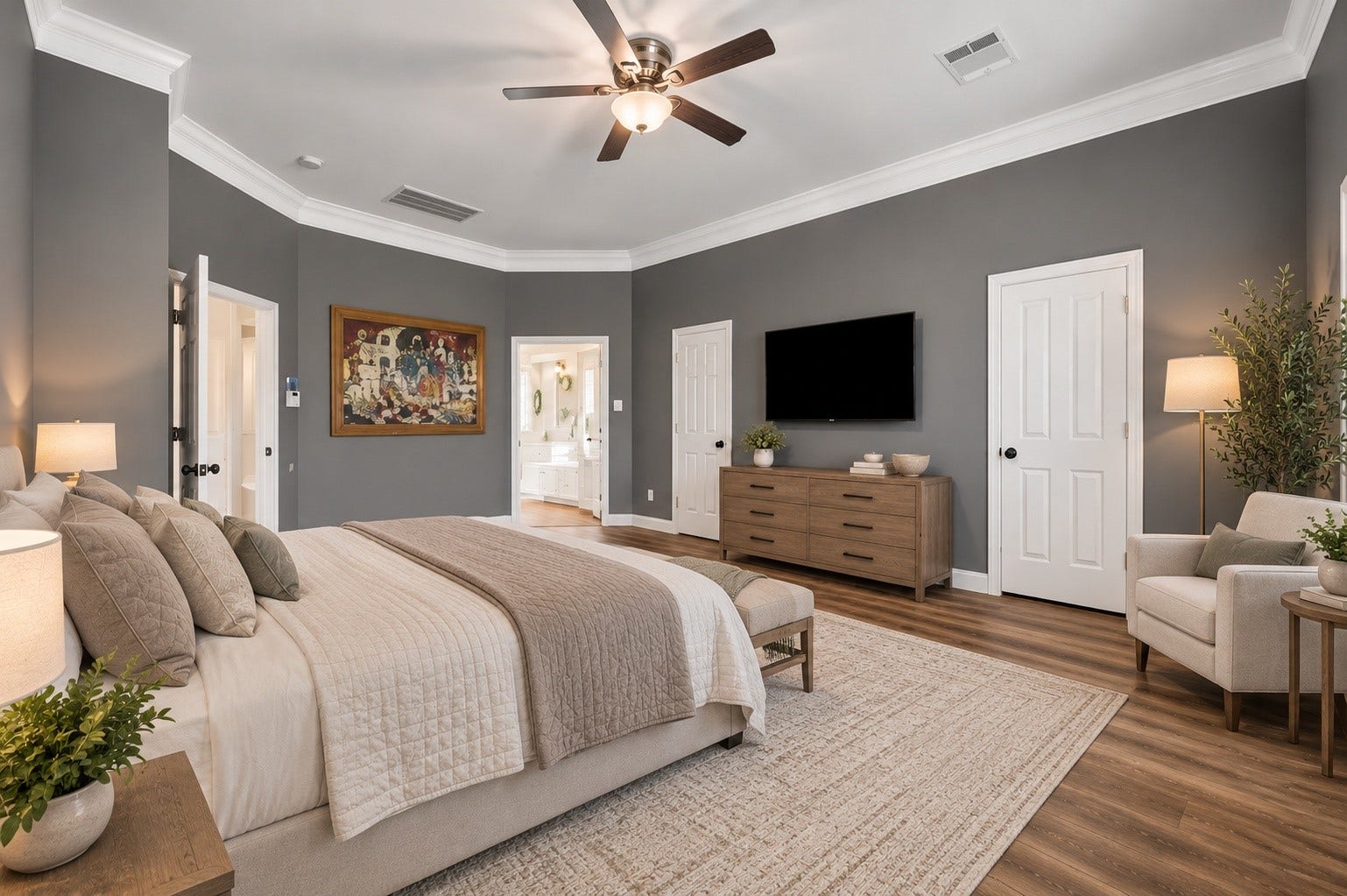 Virtually staged primary bedroom showcases the spacious layout and possibilities for comfortable furnishings and dcor.
