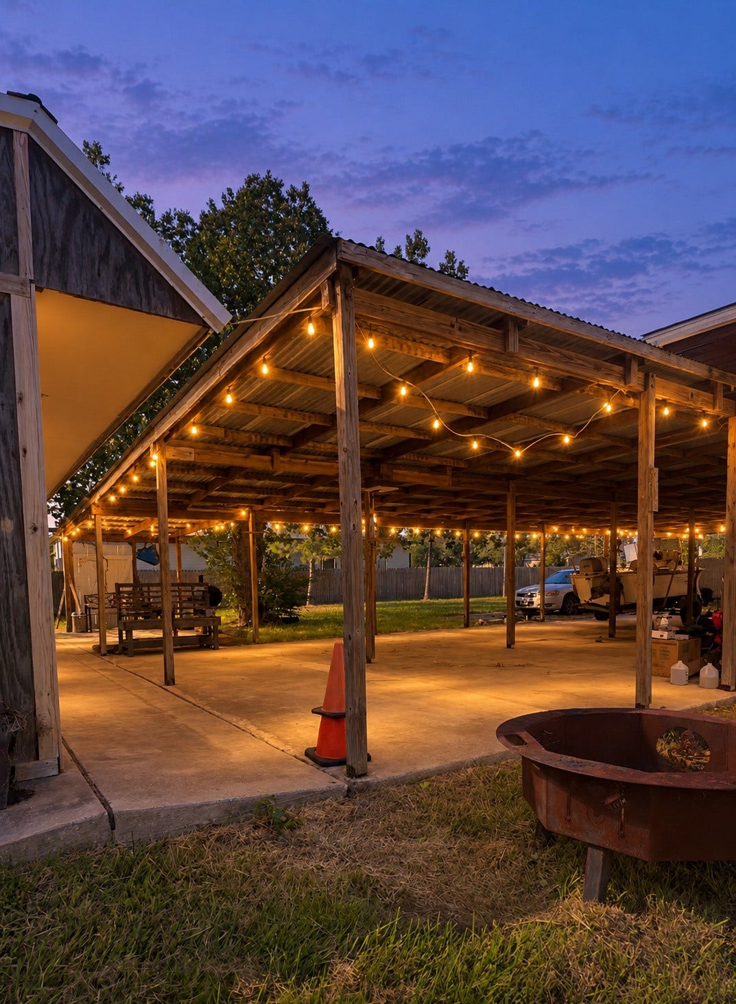 11 Craig Street, Baytown, TX 77521 Covered patio digitally enhanced with AI to simulate twilight