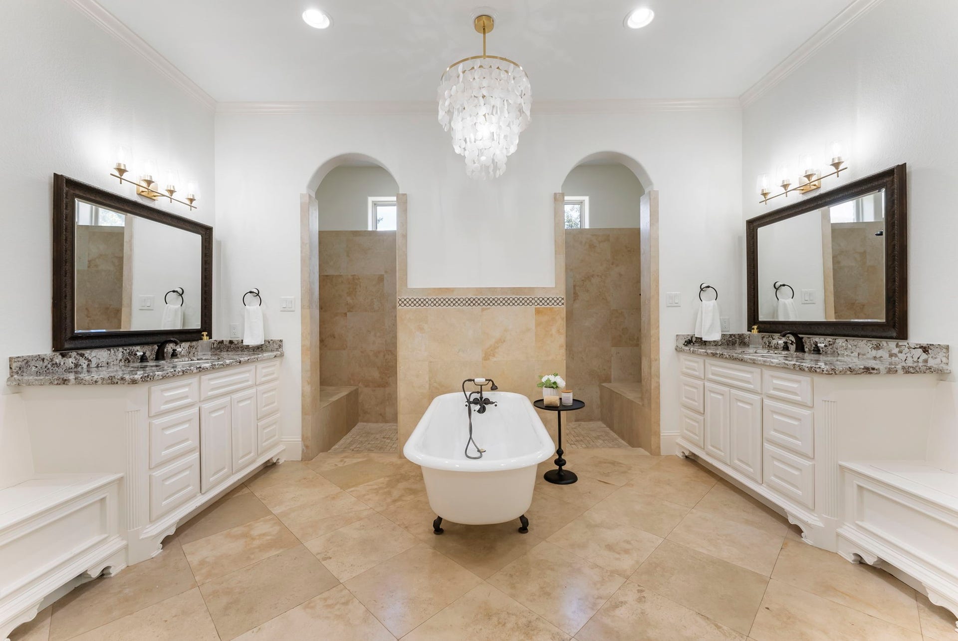 27507 Hunter Creek Court, Spring, TX 77386 Primary bathroom featuring dual vanities, freestanding tub and separate tiled shower areas.