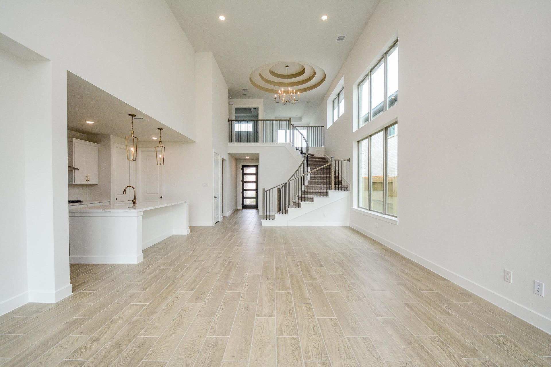 Open-concept living space with soaring ceilings