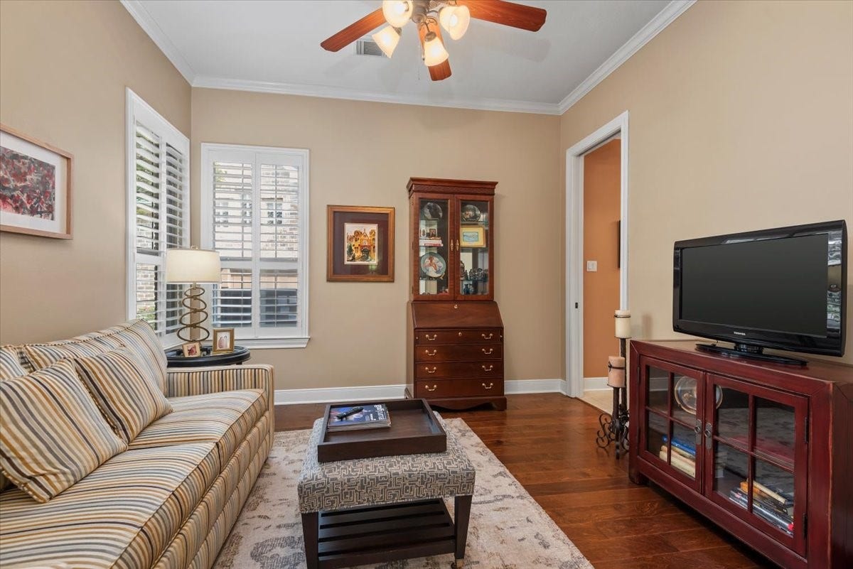 5530 Regal Landing Drive, Kingwood, TX 77345 Bedroom #3 is currently used as a TV room. Bedroom #3 also has its own vanity and shares a tub/shower with bedroom #2.