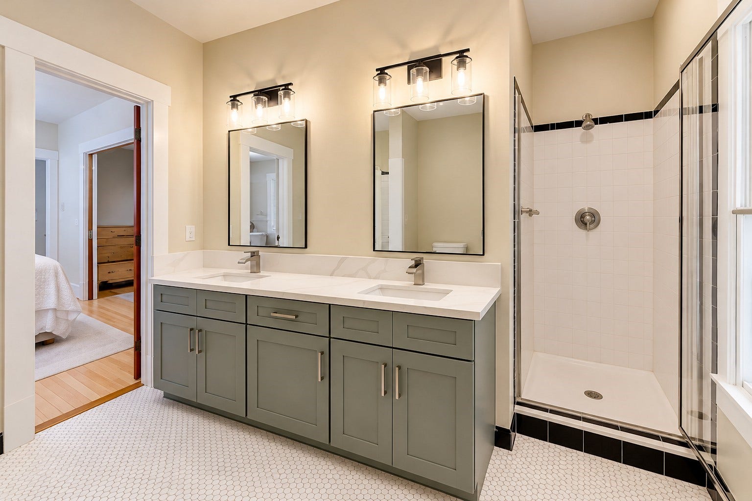 Updated in 2026, the primary bathroom showcases a beautiful double vanity with sage green shaker-style cabinetry, elegant quartz countertops, modern fixtures, and contemporary lighting, blending fresh updates with timeless charm.