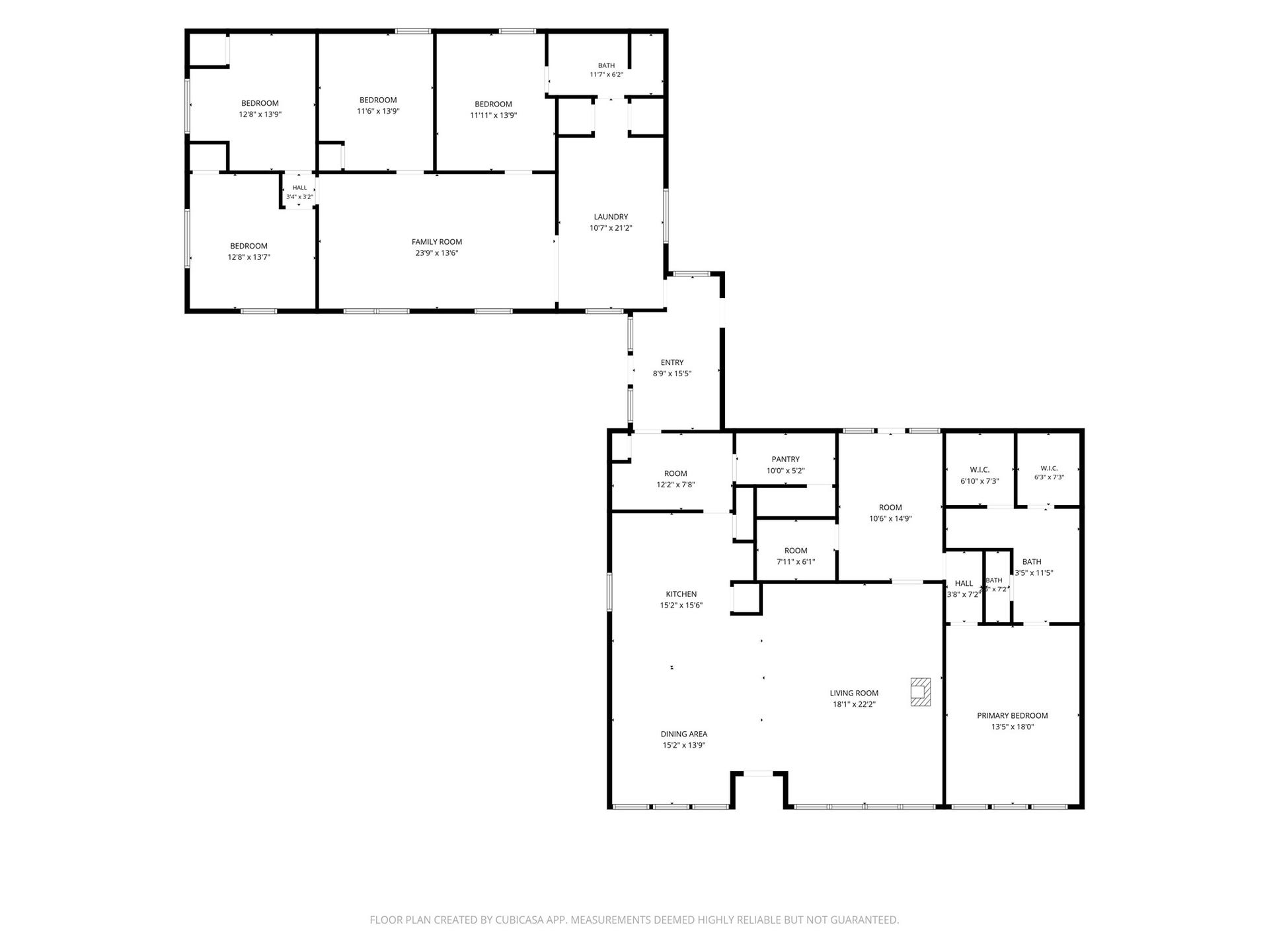 226 S Pine Drive, Montgomery, TX 77356 The floor plan shows a single-level arrangement with five bedrooms, four full baths, and separate living and family rooms. A connecting passage links the two main sections of the home.