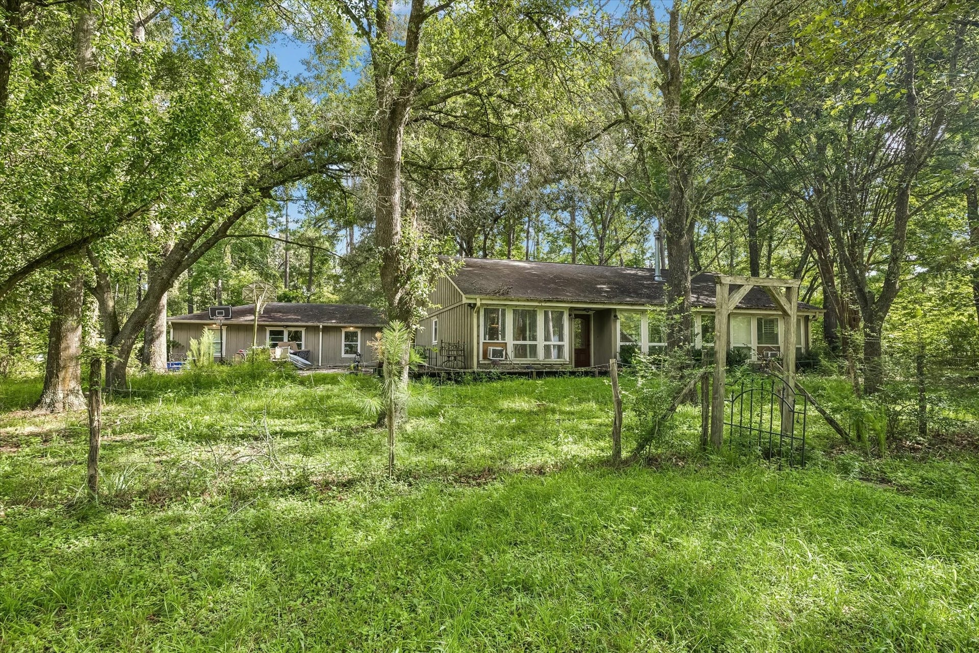 226 S Pine Drive, Montgomery, TX 77356 The single-story residence stretches across a leafy clearing, with broad windows facing the lawn. Mature branches soften the roofline and frame the homes exterior.
