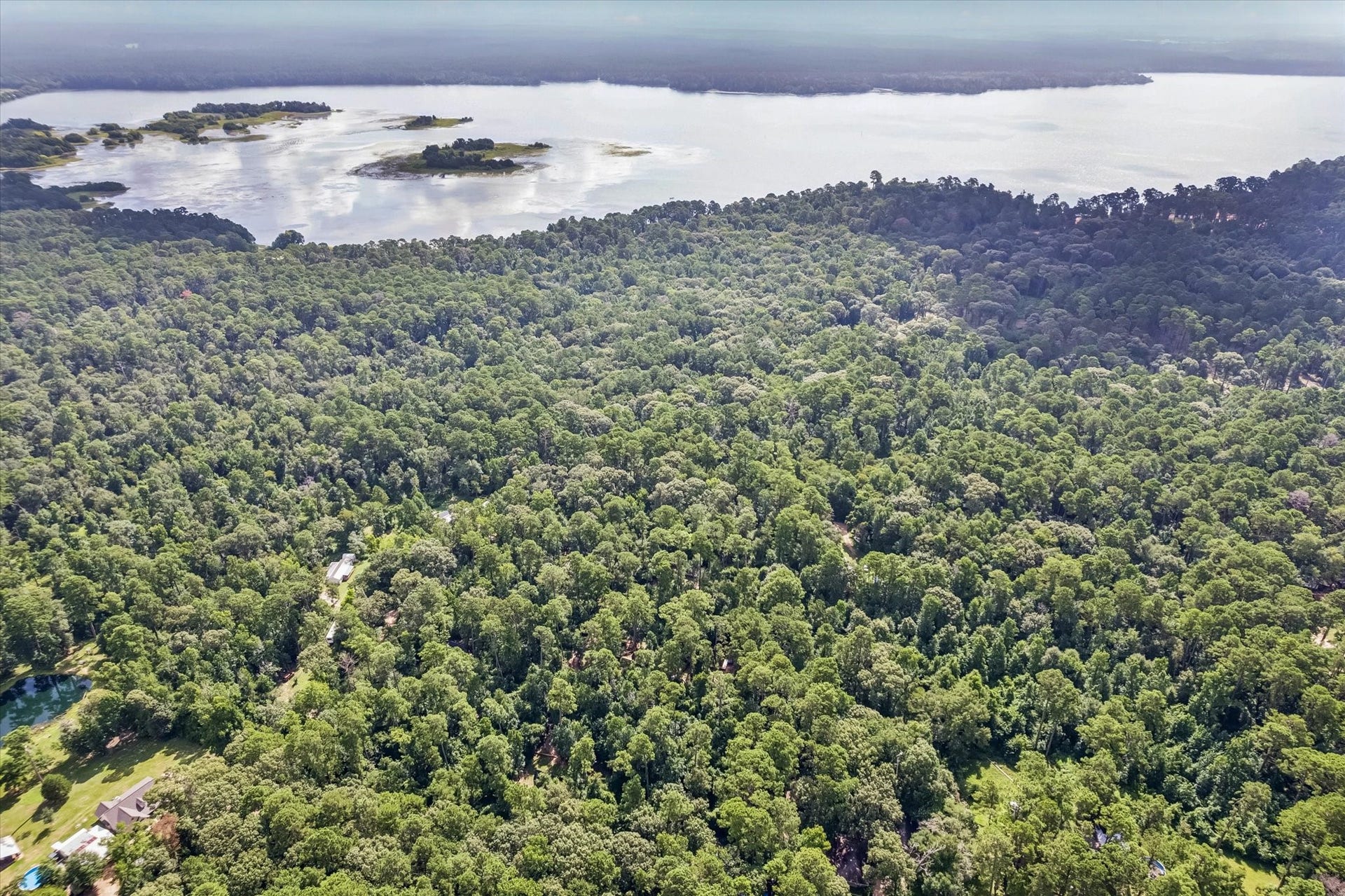 226 S Pine Drive, Montgomery, TX 77356 Set amid 13.83 acres of wooded terrain, the property offers a secluded setting in the Lake Conroe area. Water and forest canopy share the horizon in this sweeping aerial view.