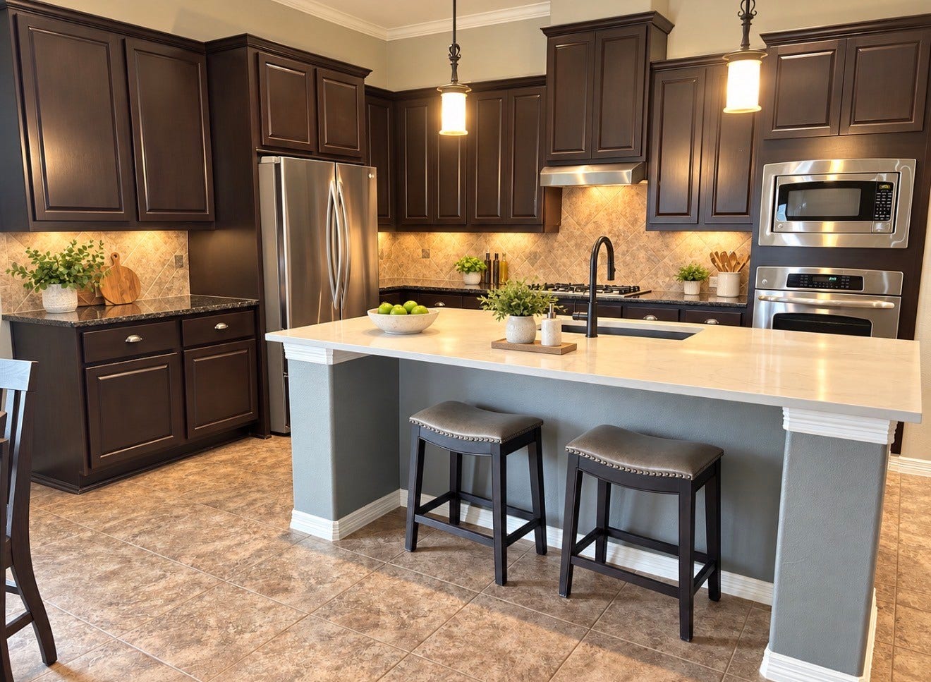 6902 Ladera Lane, Missouri City, TX 77459 Beautifully appointed kitchen featuring rich cabinetry, stainless steel appliances, granite countertops, and an oversized quartz island with sink and seating. Pendant lighting, tile backsplash, and abundant storage complete this inviting space designed for both everyday living and entertaining.
