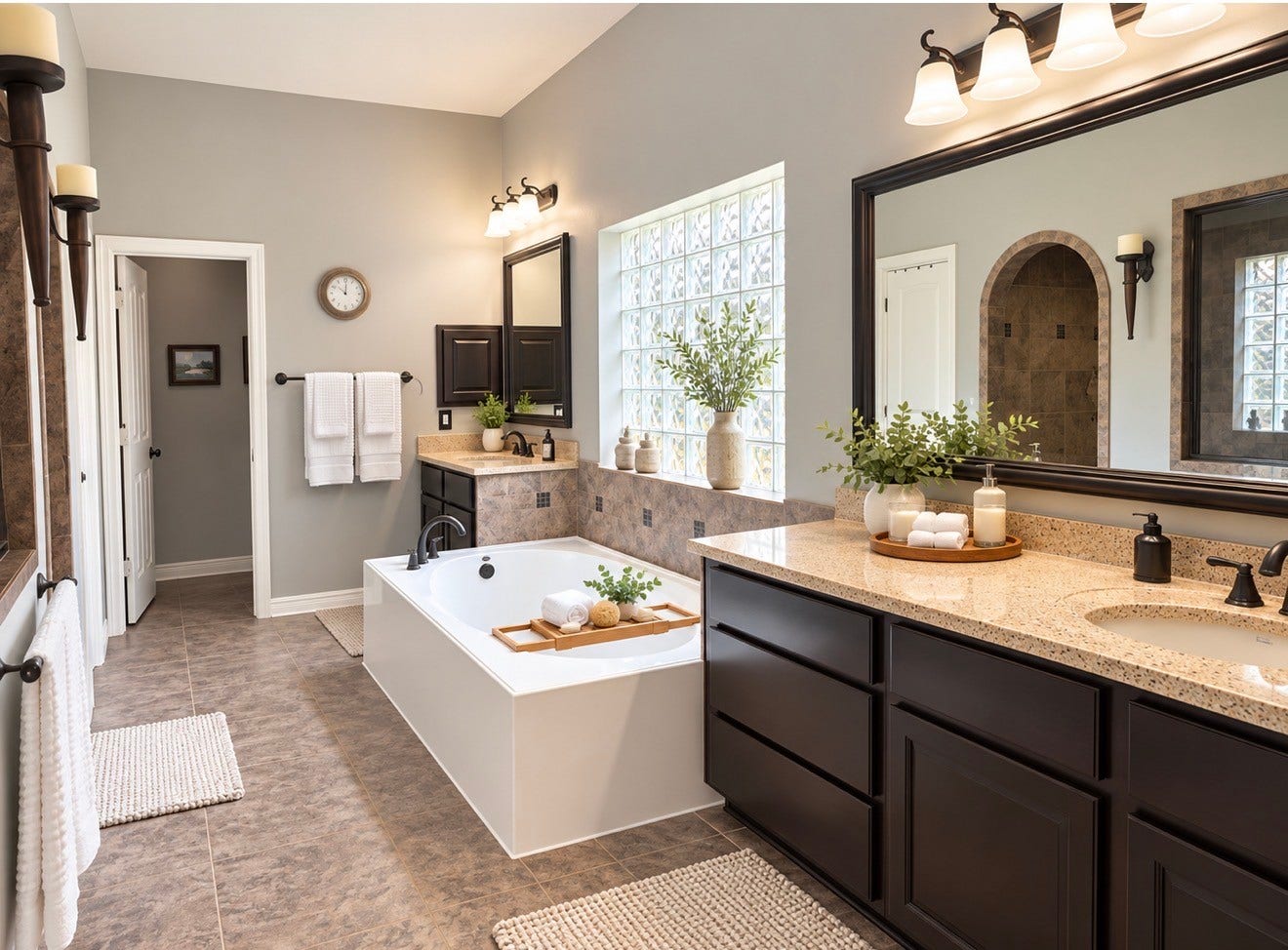 6902 Ladera Lane, Missouri City, TX 77459 Spacious primary bath featuring dual vanities, abundant cabinetry and counter space, a relaxing soaking tub, separate walk-in shower, and glass-block window providing beautiful natural light and privacy.