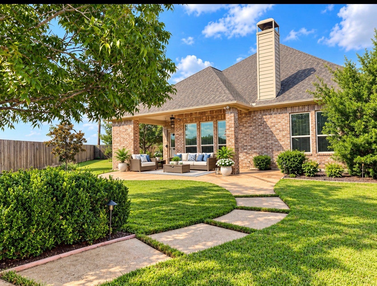 6902 Ladera Lane, Missouri City, TX 77459 Beautifully landscaped backyard with a spacious covered patio and extended outdoor living areaperfect for relaxing or entertaining. Mature trees, lush lawn, and a charming stepping-stone walkway create a private and inviting setting. Photo virtually staged.