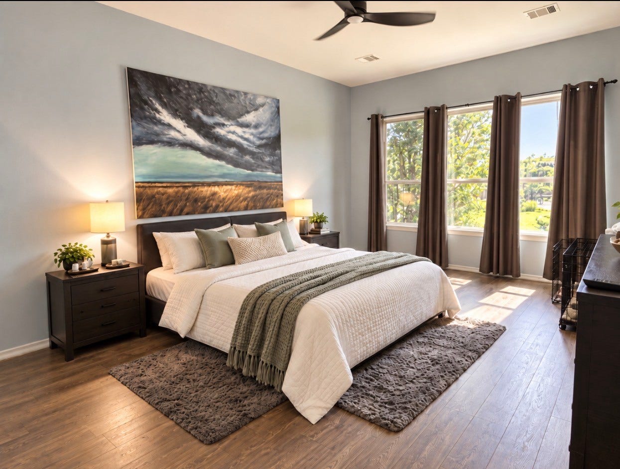 6902 Ladera Lane, Missouri City, TX 77459 Spacious primary bedroom filled with natural light, featuring high ceilings, beautiful wood-look flooring, and a wall of windows overlooking the backyard. Generous room dimensions easily accommodate a king-size bed and additional furnishings, creating a comfortable and relaxing private retreat.