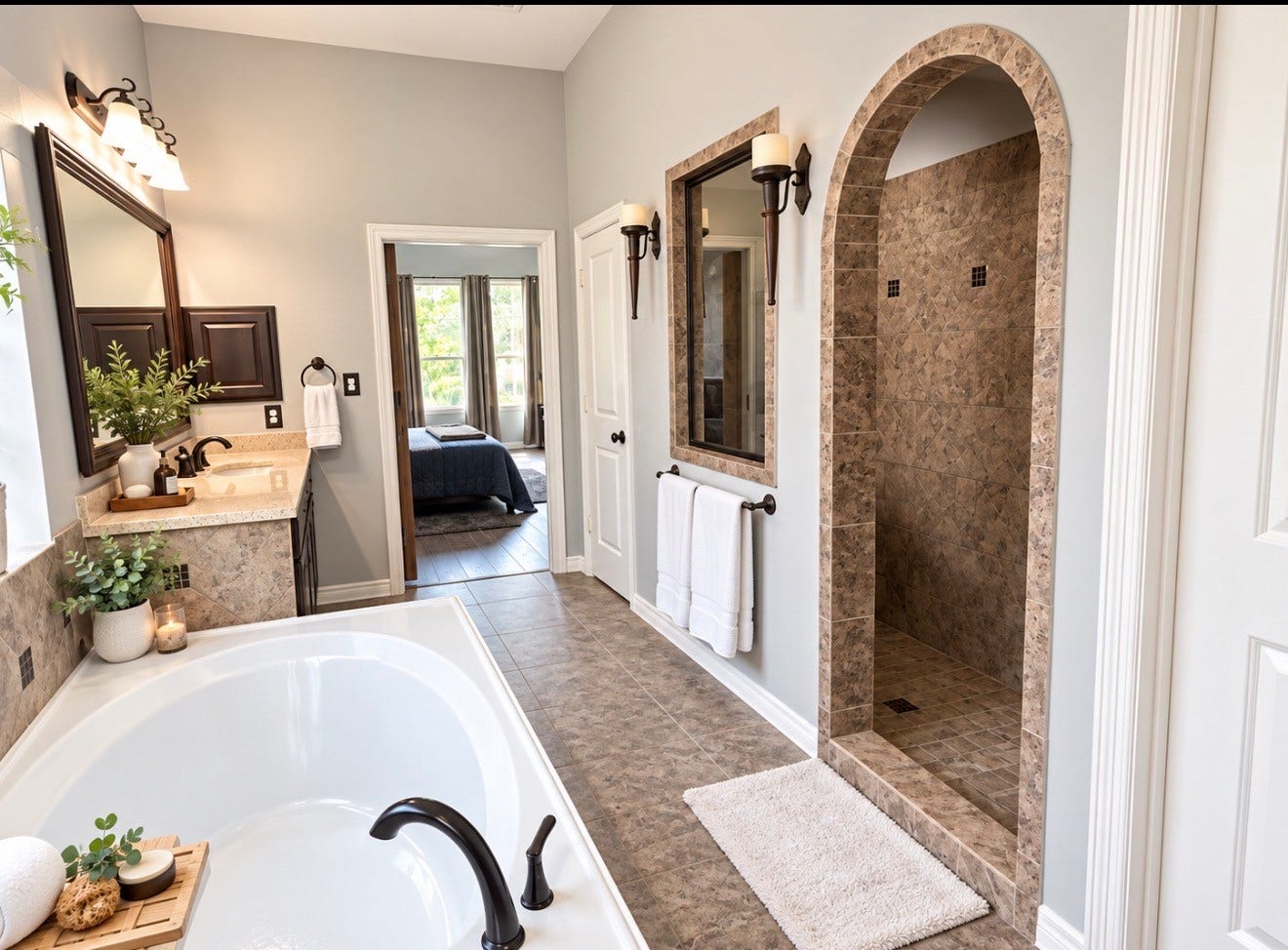 6902 Ladera Lane, Missouri City, TX 77459 Spa-inspired primary bath featuring a large soaking tub, separate walk-in tiled shower with arched entry, dual vanities, abundant cabinetry and generous counter space. A spacious, relaxing retreat with timeless finishes and convenient access to the primary suite.