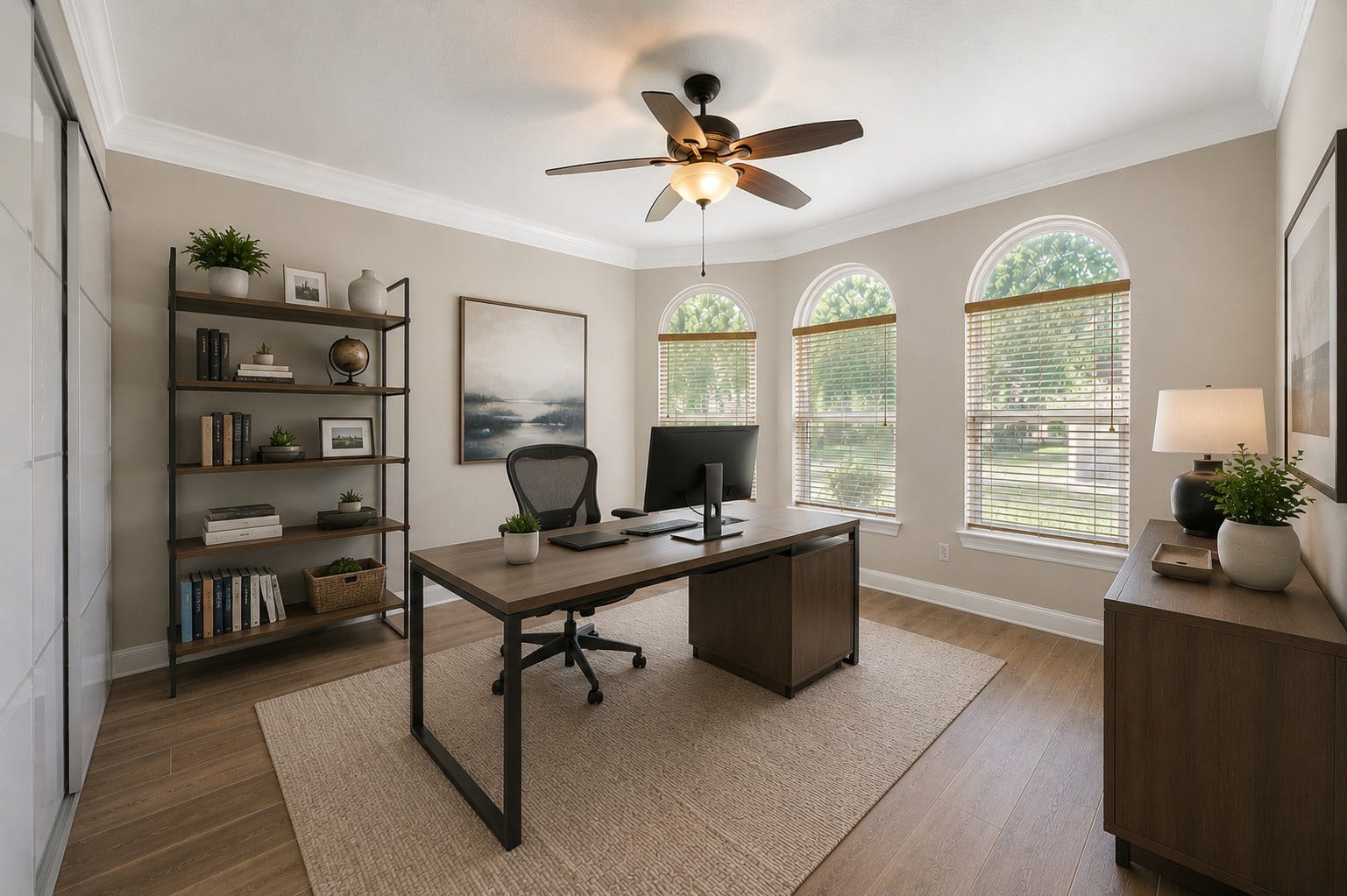 12806 Rock Falls Way, Houston, TX 77041 Versatile first-floor flex room can serve as a home office or additional bedroom, featuring large custom built-in cabinets, an adjacent bathroom, and convenient access near the primary bedroom.