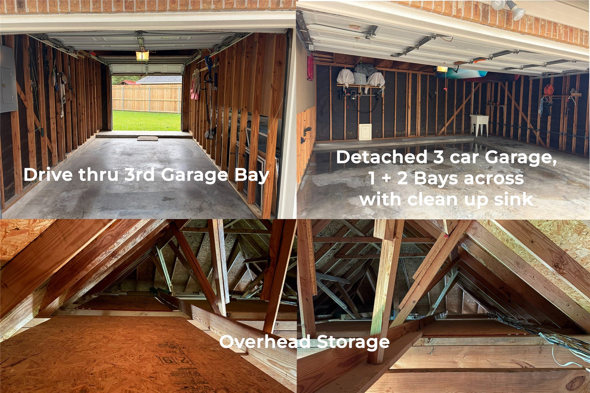 3 Car Across Garage with a 1+2 Bay setup, the garage has a drive thru and is perfect to store your boat or other outdoor toys. The garage features a handy clean up sink. Available Overhead rafter storage as well!