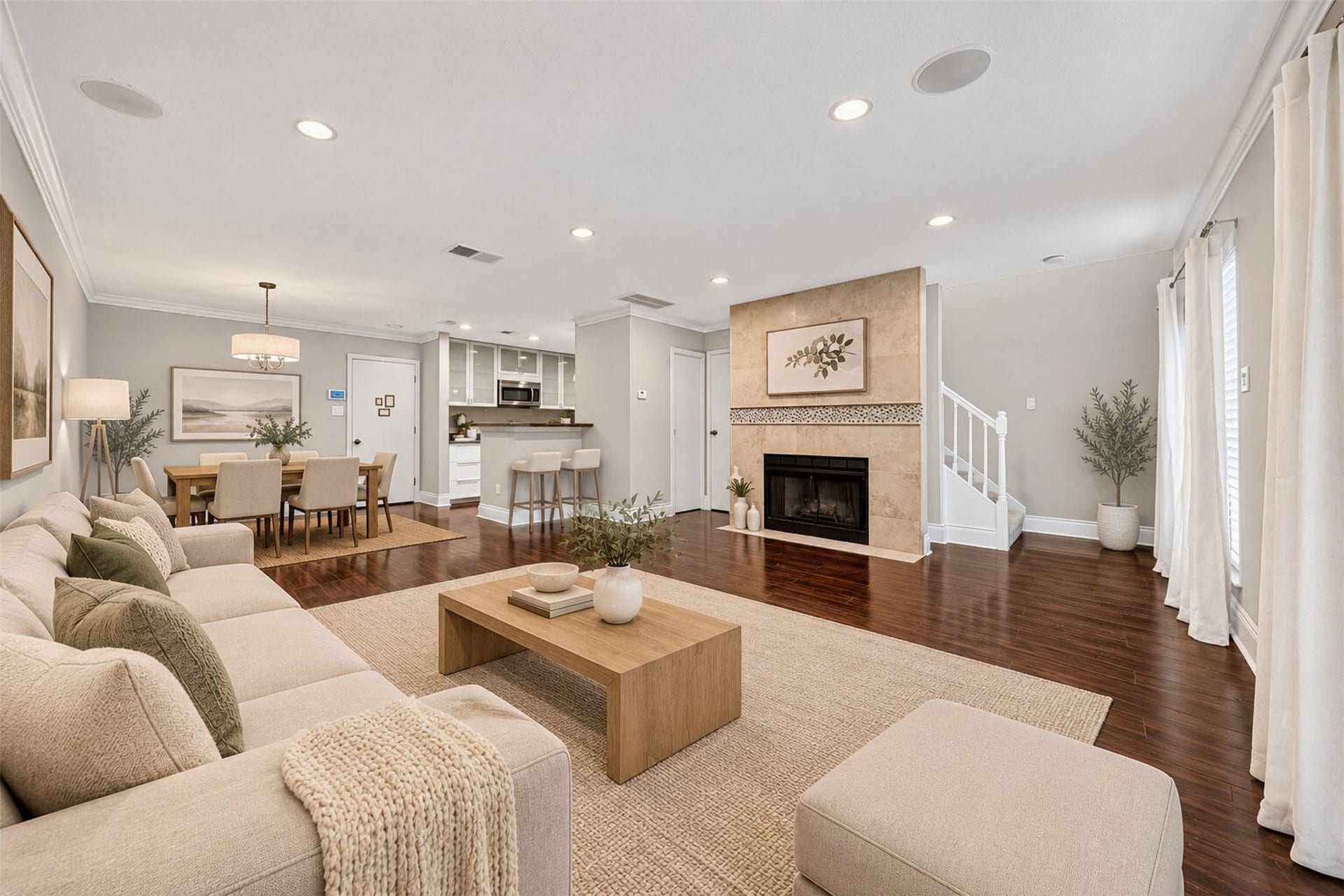 2379 Briarwest Boulevard, #85, Houston, TX 77077 Virtually staged, the open living and dining space shows off gleaming dark hardwoods, a tiled fireplace surround, and room for a full dining set under the drum chandelier. The kitchen's breakfast bar connects it all.