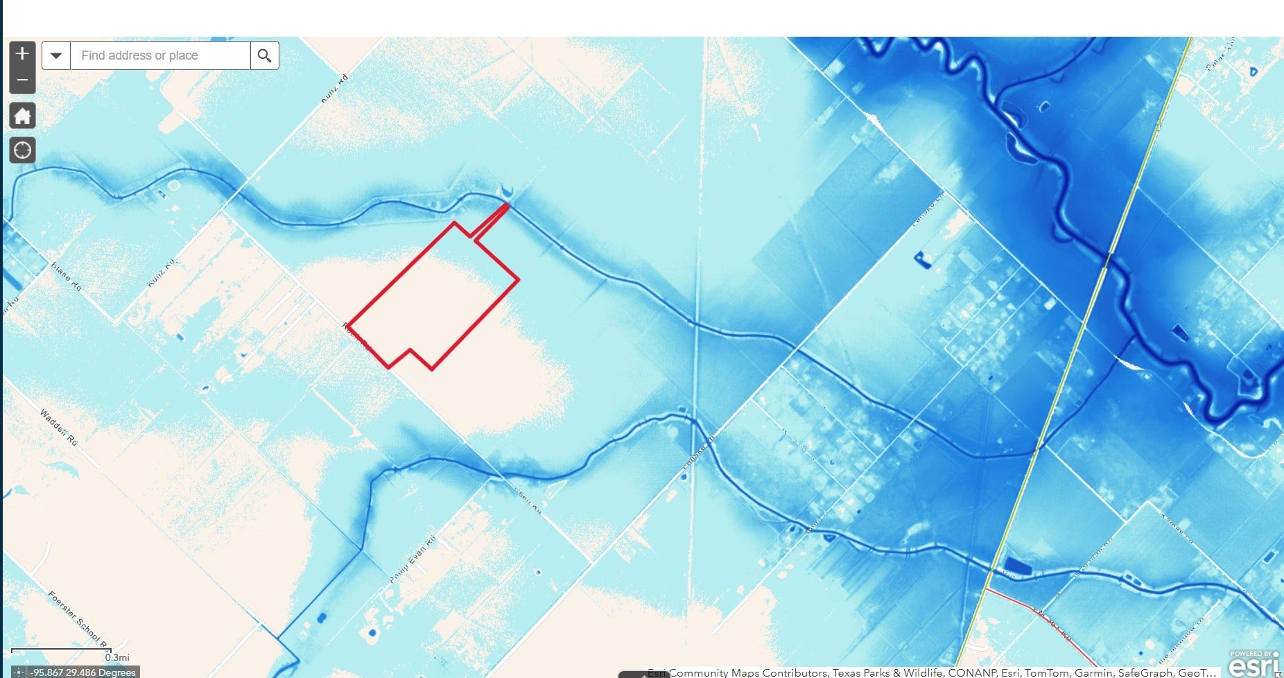 4141 Reeh Road, Needville, TX 77461 The property is completely out of flood zone per the Fort Bend County Watershed Inundation Map.