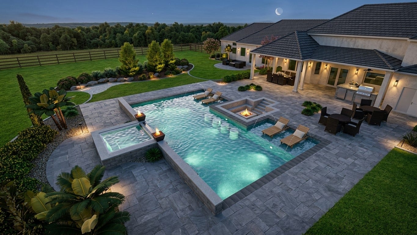 25178 Chisos Bend, Montgomery, TX 77316 Back yard pool: Image of Back yard is 3d rendered ai and used for illustrative purposes. Pool is not included. Image provided by Custom Super Pools.