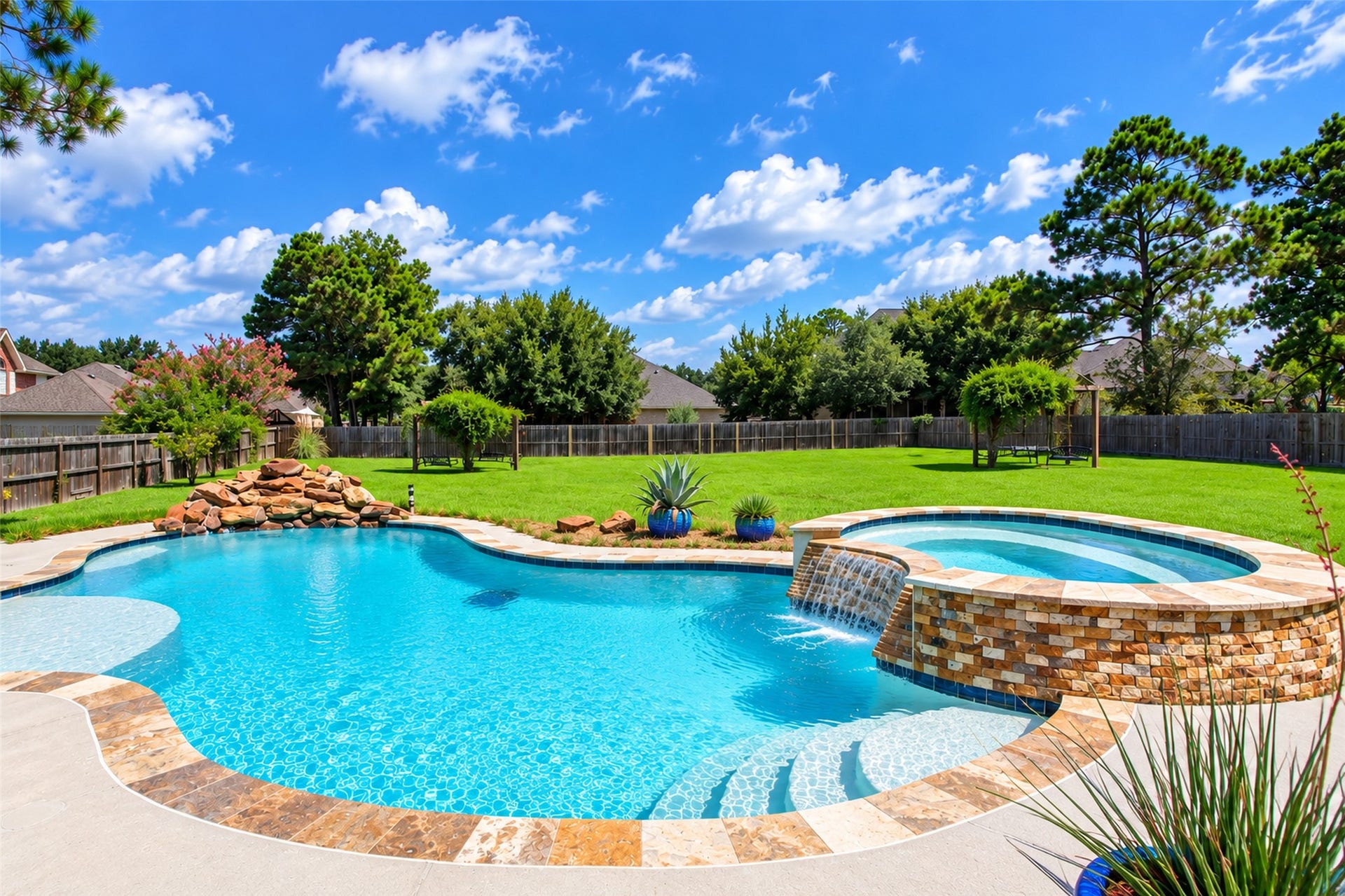 436 Old Orchard Court, Dickinson, TX 77539 Freeform pool with tanning ledge and raised spa spillover