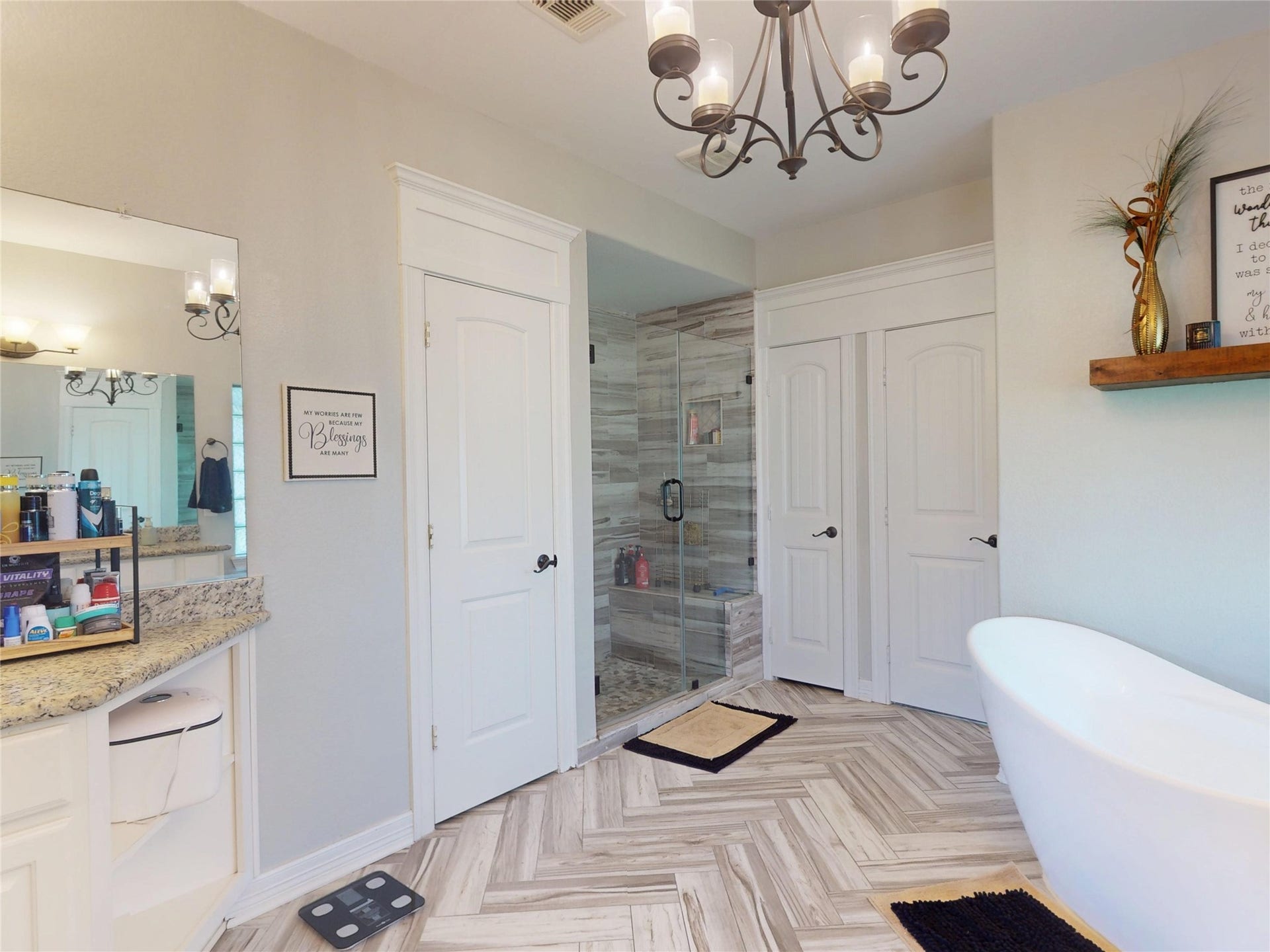 436 Old Orchard Court, Dickinson, TX 77539 Primary bath - freestanding tub, tiled shower, herringbone floor