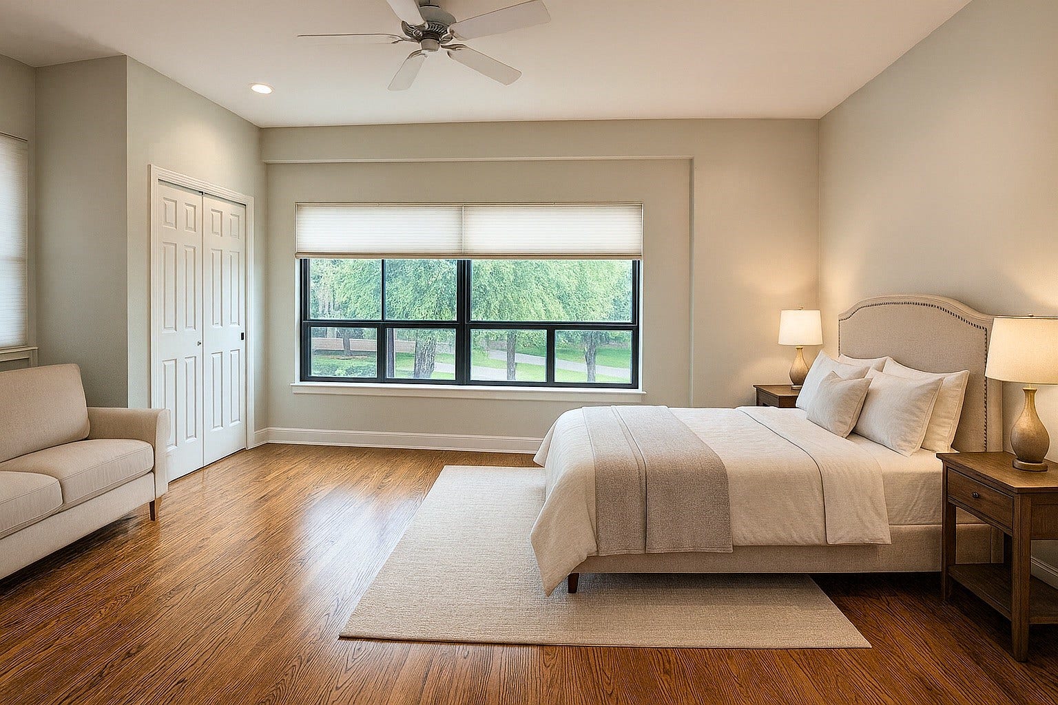 3027 Bissonnet Street, Houston, TX 77005 A generous second bedroom (digitally staged) provides flexibility for guests or family, complemented by its own full bathroom (digitally staged) with a wide vanity and tub/shower combo.