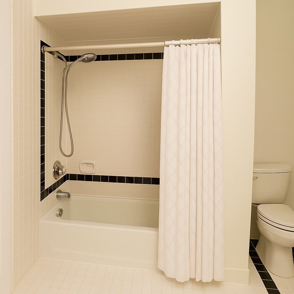 3027 Bissonnet Street, Houston, TX 77005 The homes second bathroom (digitally staged) features clean white finishes with striking black tile accents, adding a touch of classic style.