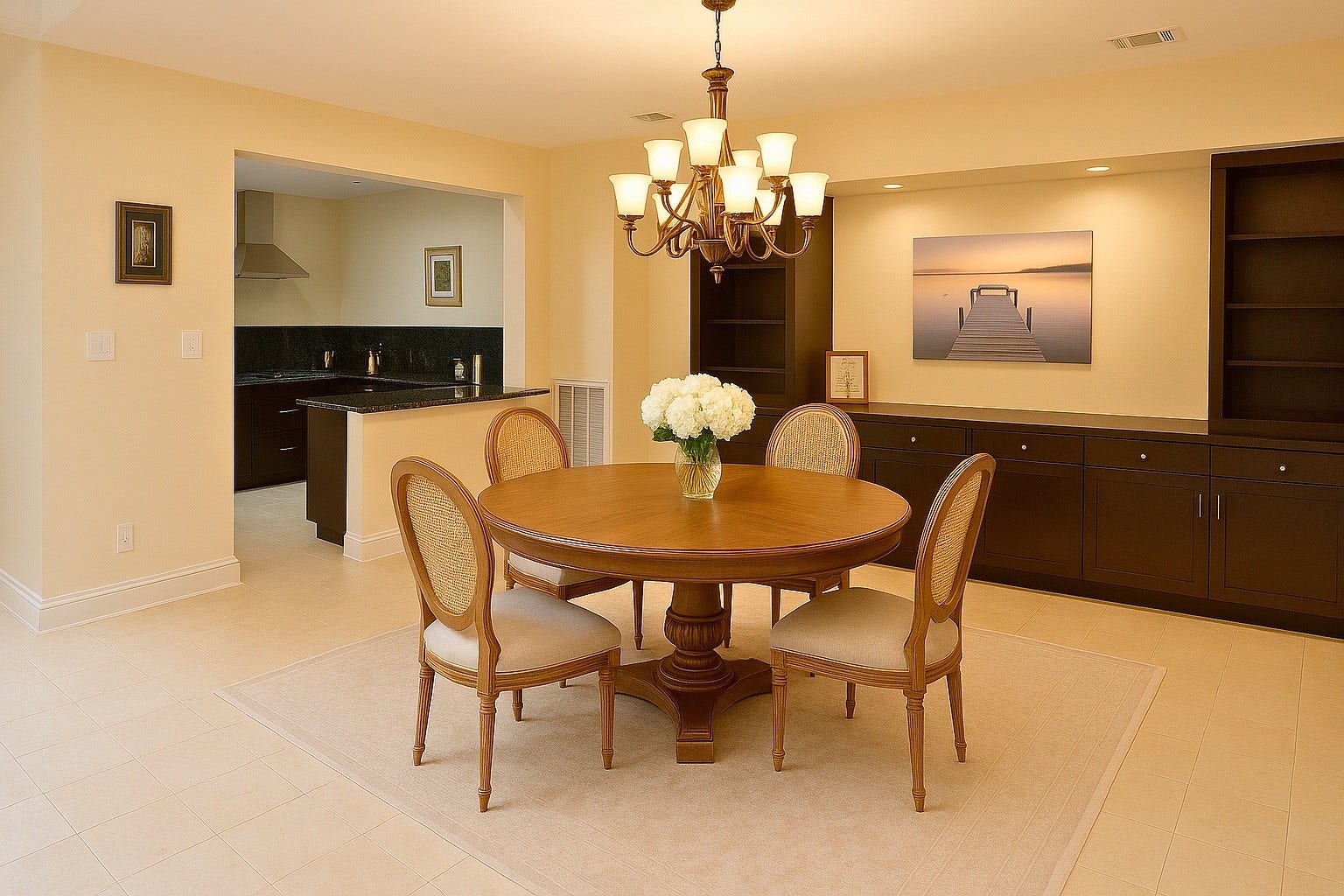 3027 Bissonnet Street, Houston, TX 77005 Adjacent to the living area, the dining room (digitally staged) offers a warm and inviting setting, complete with a chandelier, built-in storage, and easy access to the kitchen for effortless hosting.