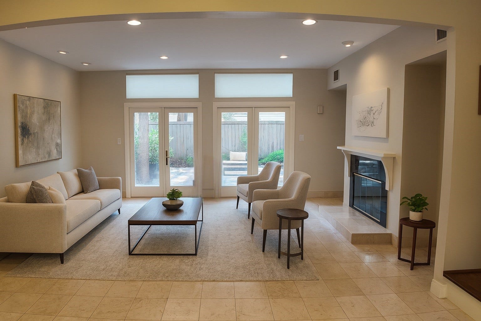 3027 Bissonnet Street, Houston, TX 77005 Step inside to a light-filled living room (digitally staged), where a cozy fireplace anchors the space and French doors open to the private backyardperfect for both entertaining and quiet evenings.