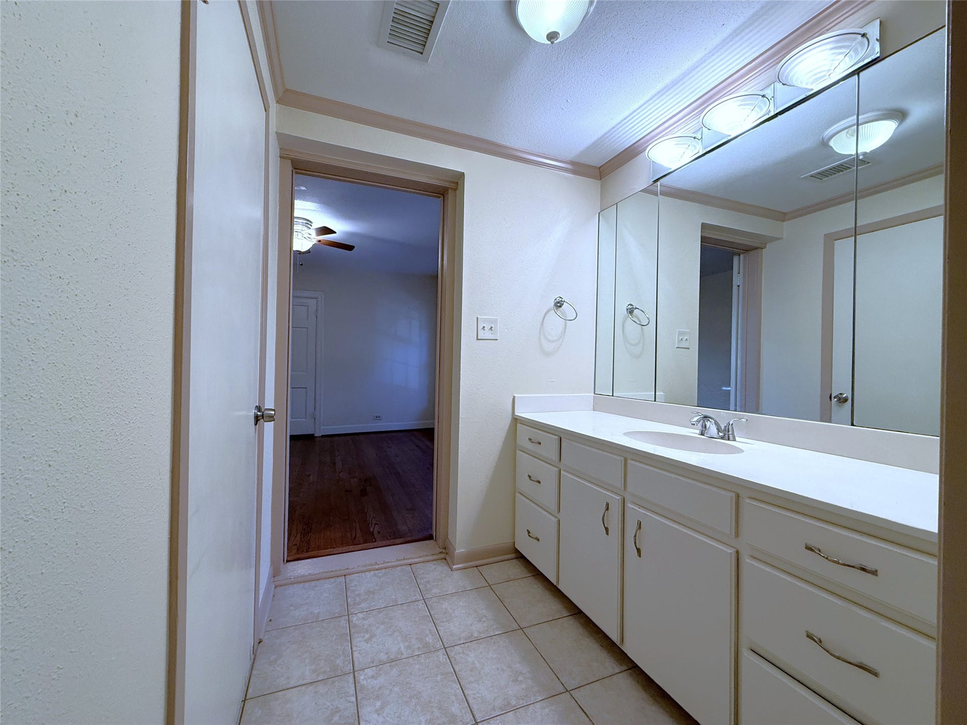 1968 Dryden Road, #2, Houston, TX 77030 The primary bathroom offers an extended vanity with lots of storage. Behind the door on the left is a walk-in closet.