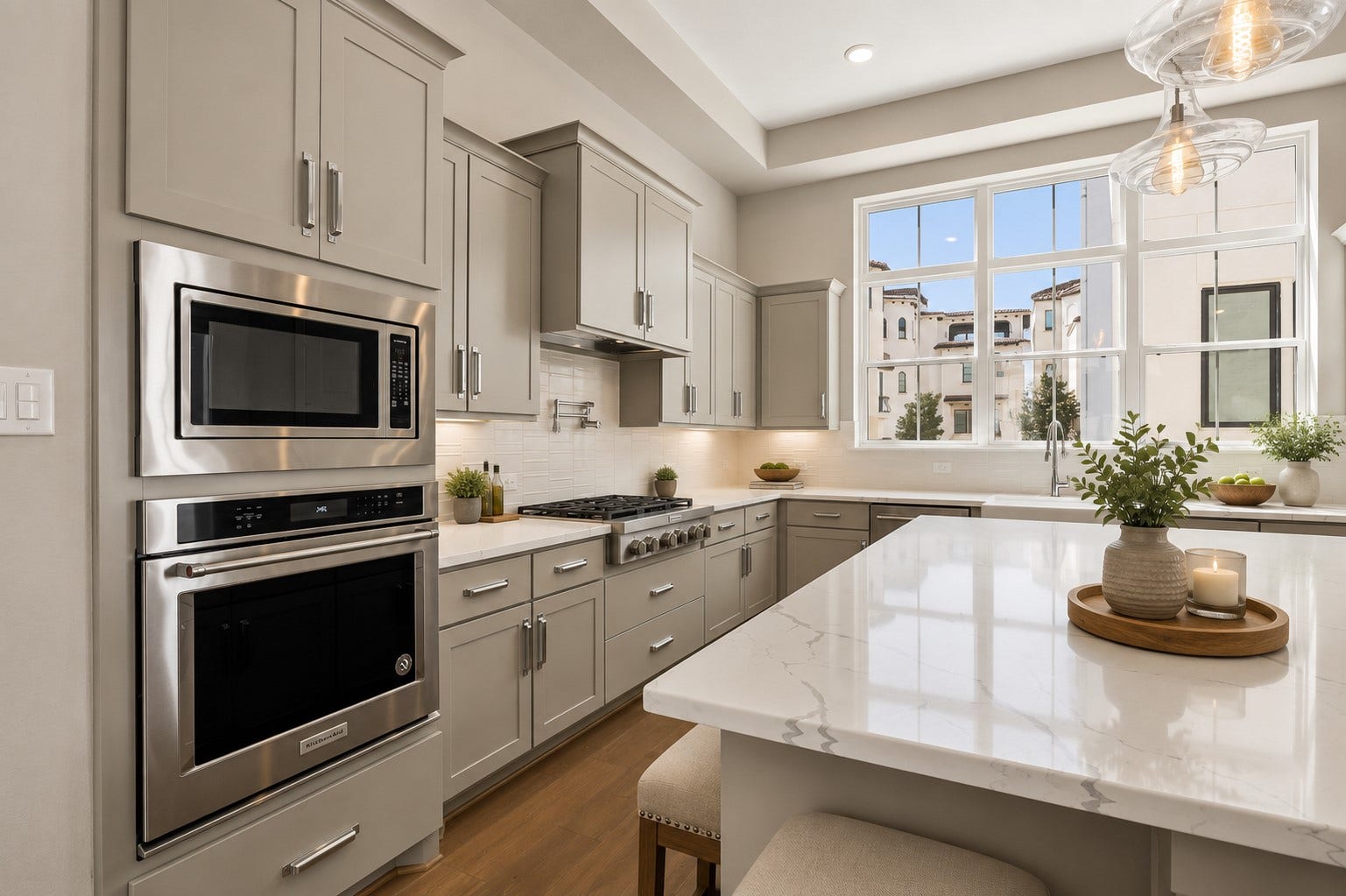 Stainless steel built-in appliances, custom cabinetry, and premium finishes complement this thoughtfully designed chef-inspired kitchen.