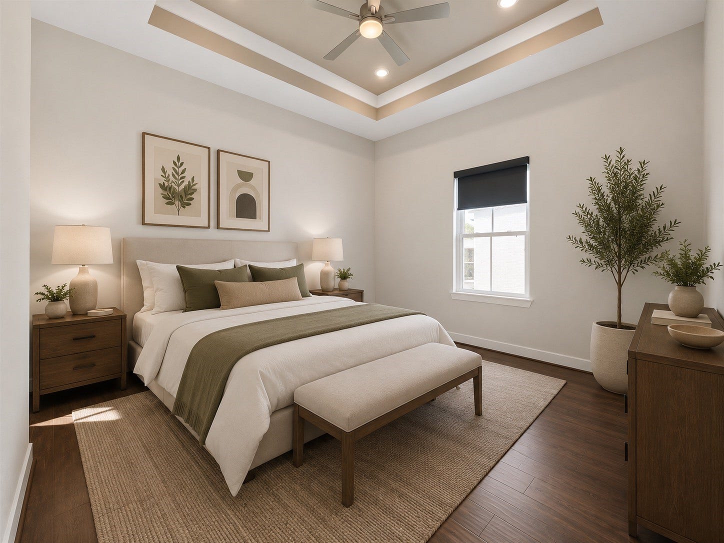 Secondary bedroom with en-suite access, natural light, and flexible space for guests or everyday use. Furniture shown has been virtually staged for illustrative purposes.