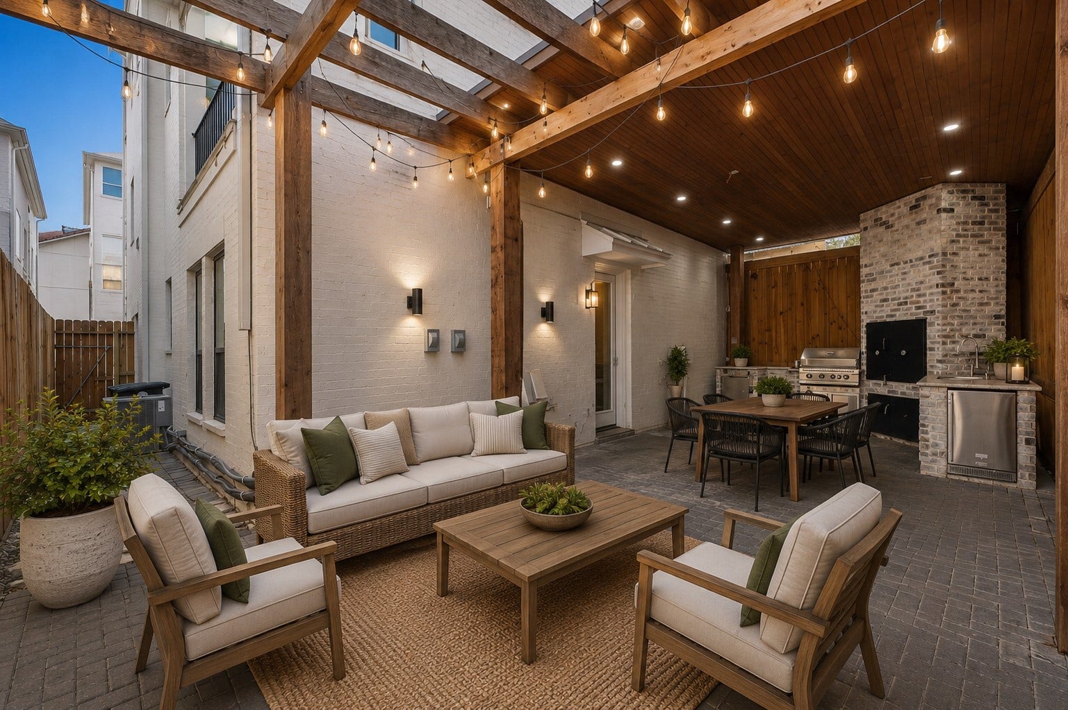 Covered outdoor living space with pergola, stone flooring, and direct access to the outdoor kitchen, designed for year-round entertaining. Furniture shown has been virtually staged for illustrative purposes.