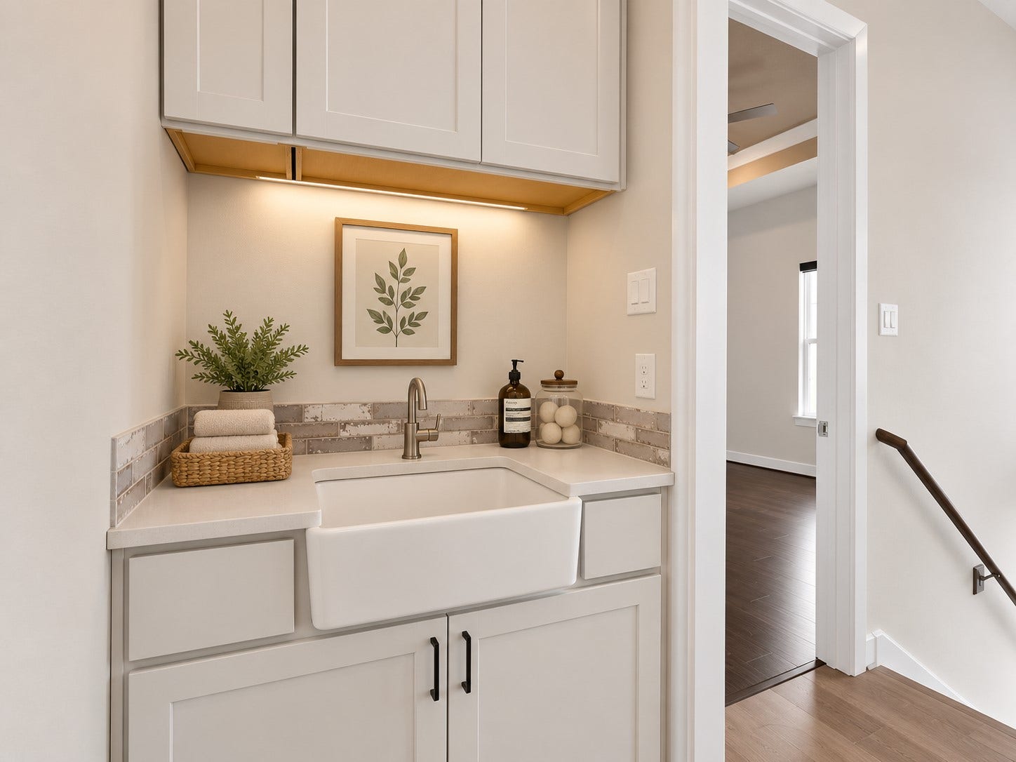 Dedicated third-floor laundry room with cabinetry and workspace for added convenience. Decor shown has been virtually staged for illustrative purposes.