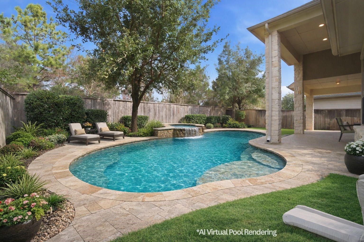 75 W Sawyer Ridge Drive, The Woodlands, TX 77389 There is space for a pool! AI virtual rendering of a swimming pool.