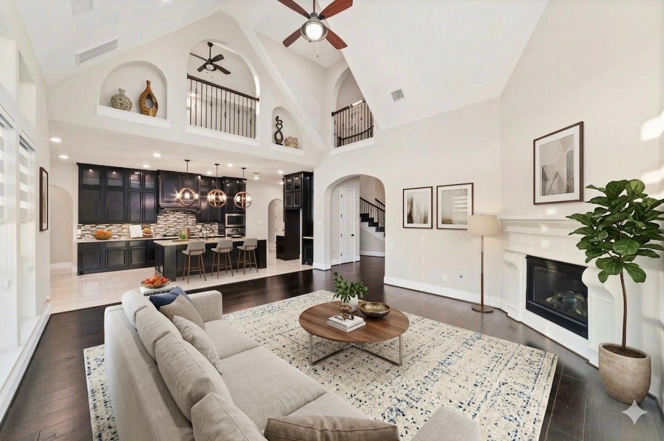 virtual staged, opened concept with family room overlooks the kitchen