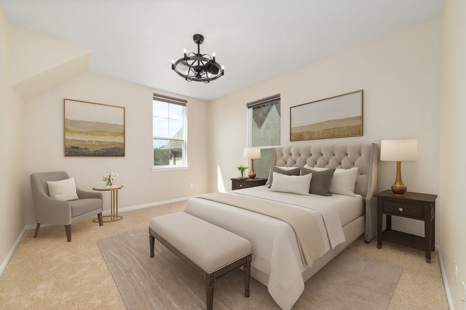 17302 Milrig Court, Richmond, TX 77407 *virtually staged* - Elegant bedroom with a plush upholstered bed, stylish lighting, and serene decor, creating a cozy, inviting retreat.