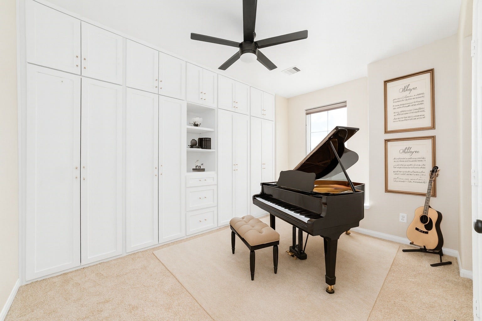 17302 Milrig Court, Richmond, TX 77407 *virtually staged* - A harmonious blend of elegance and function, this room features a sleek grand piano and abundant built-in storage, perfect for music lovers and organizers alike.