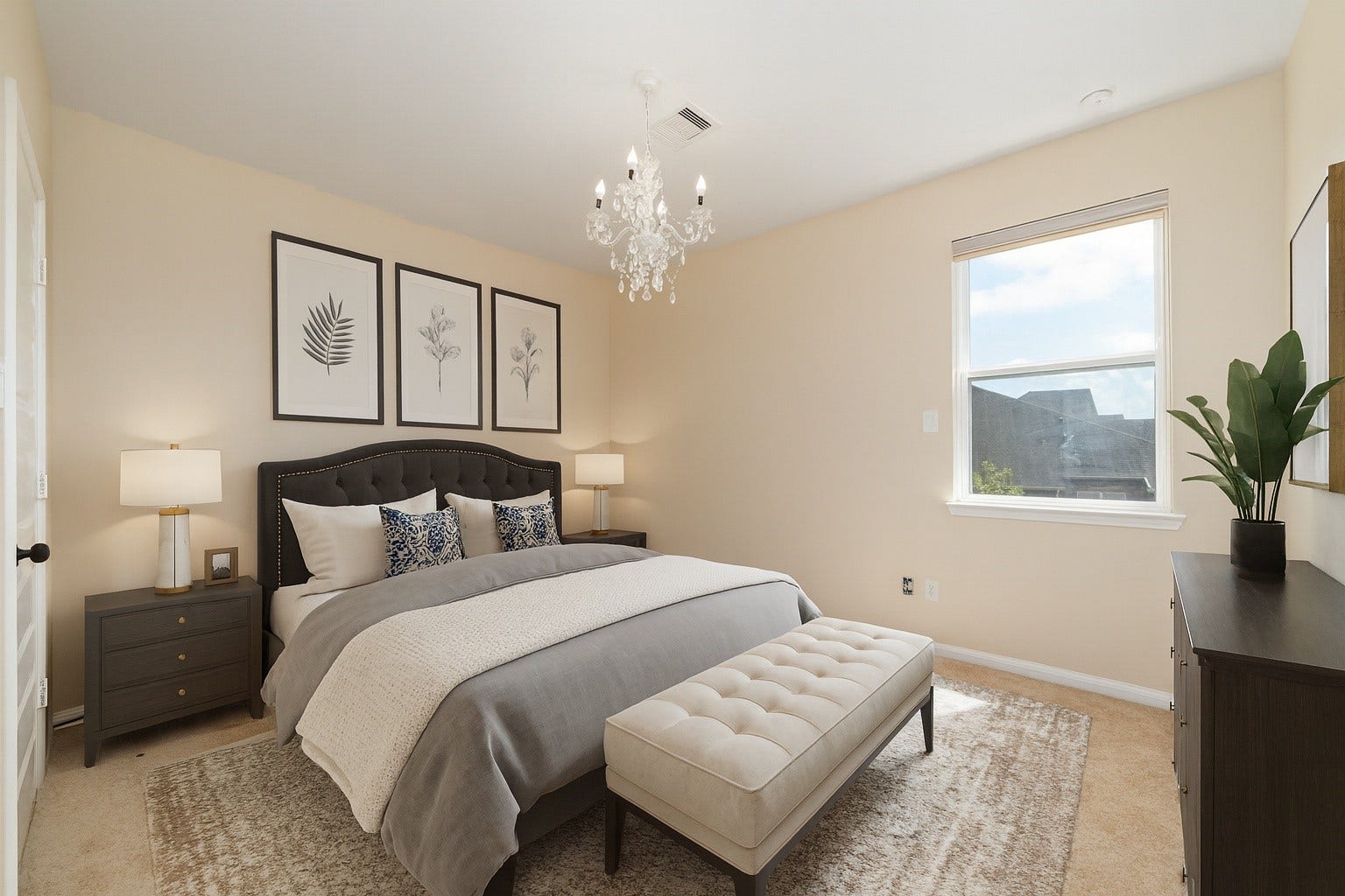 17302 Milrig Court, Richmond, TX 77407 *virtually staged* - Elegant bedroom with a plush bed, stylish decor, and abundant natural light for a serene retreat.