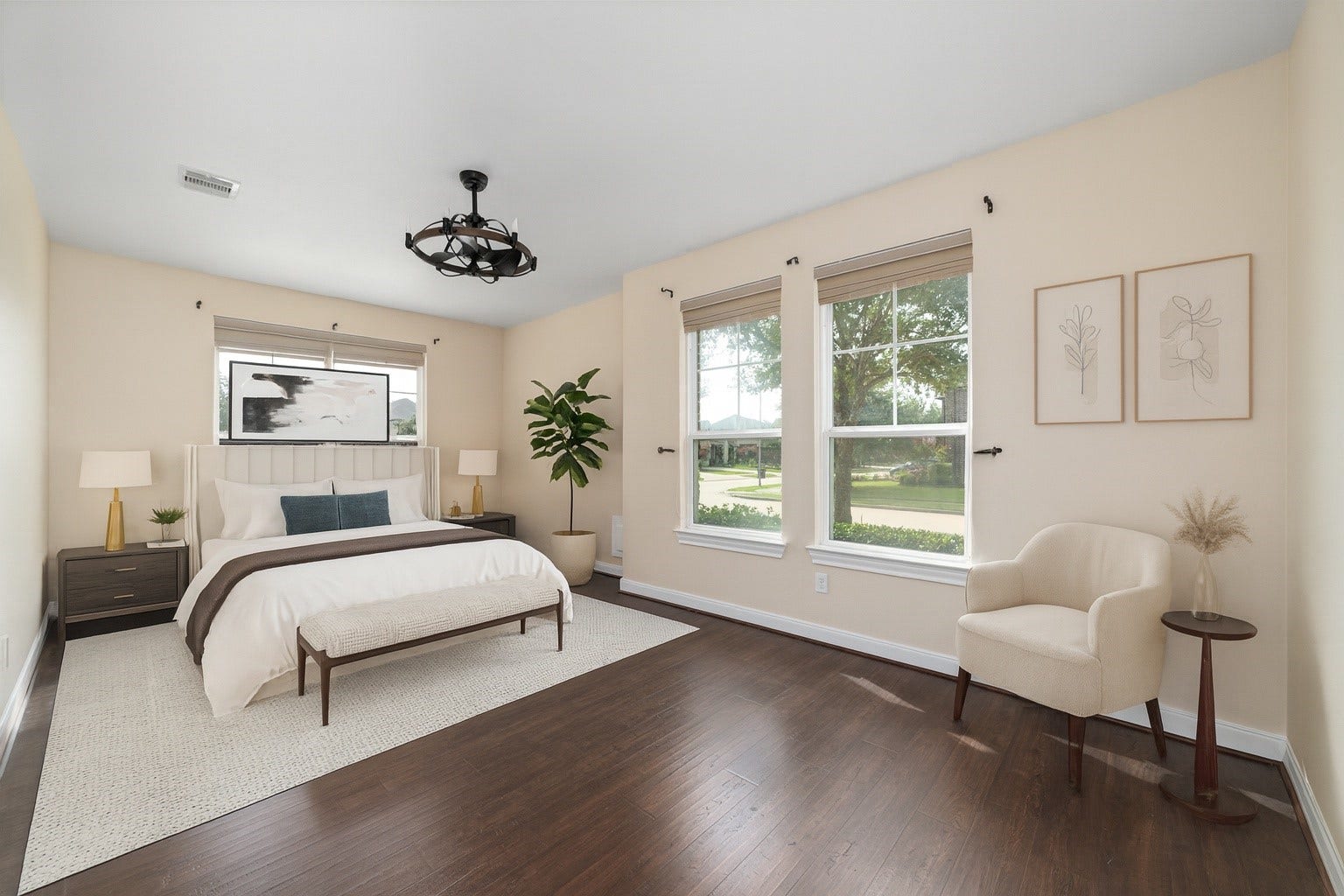 17302 Milrig Court, Richmond, TX 77407 *virtually staged* - Experience serene elegance in this bedroom, featuring abundant natural light, stylish furnishings, and a chic chandelier that create a welcoming retreat.