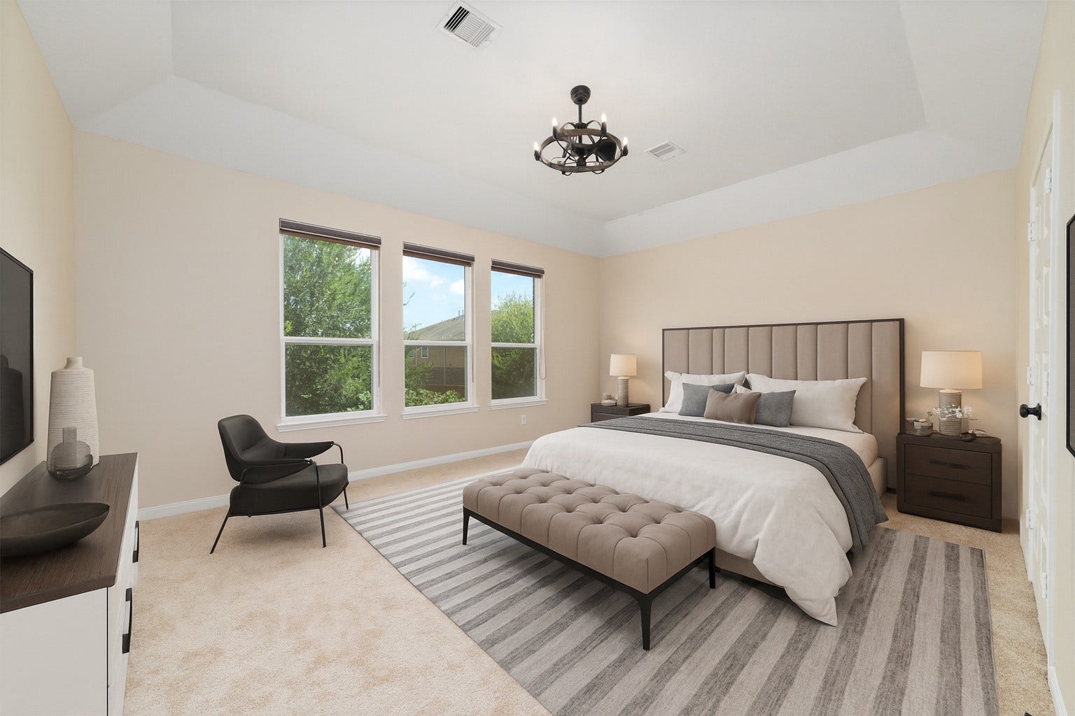 17302 Milrig Court, Richmond, TX 77407 *virtually staged* - (Bedroom #6) Experience luxury in this elegantly primary bedroom, one of three upstairs, complete with a private ensuite bathroom for ultimate comfort and privacy.