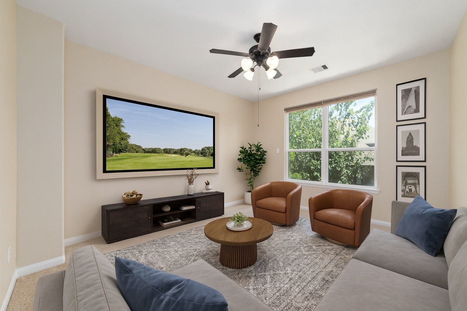 17302 Milrig Court, Richmond, TX 77407 *virtually staged* - Bright and inviting living room with a stunning view, featuring comfortable seating, modern decor, and abundant natural light.