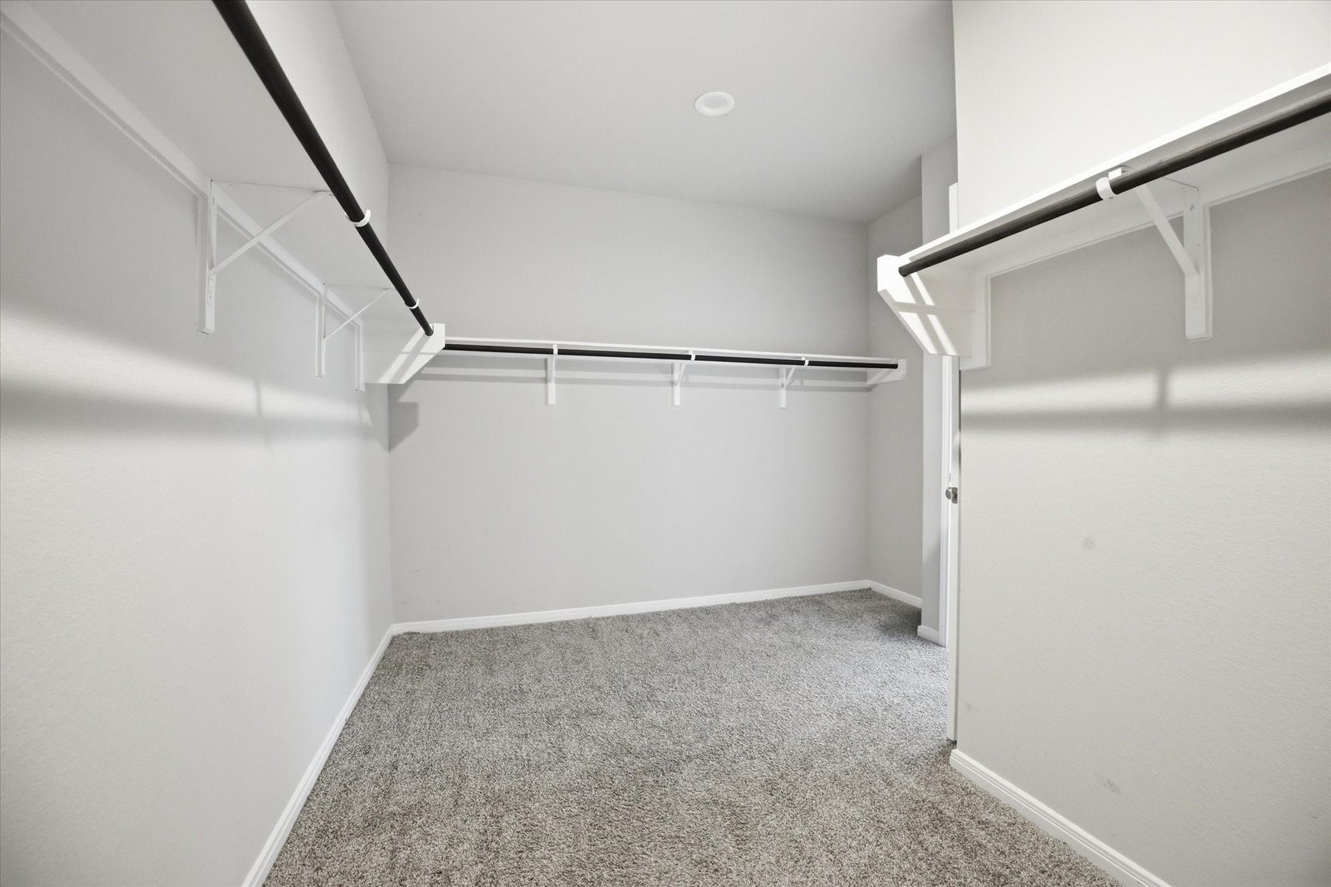 This photo shows a spacious, carpeted walk-in closet featuring ample hanging rods and shelves for storage, with neutral-colored walls and a bright, minimalist design.
