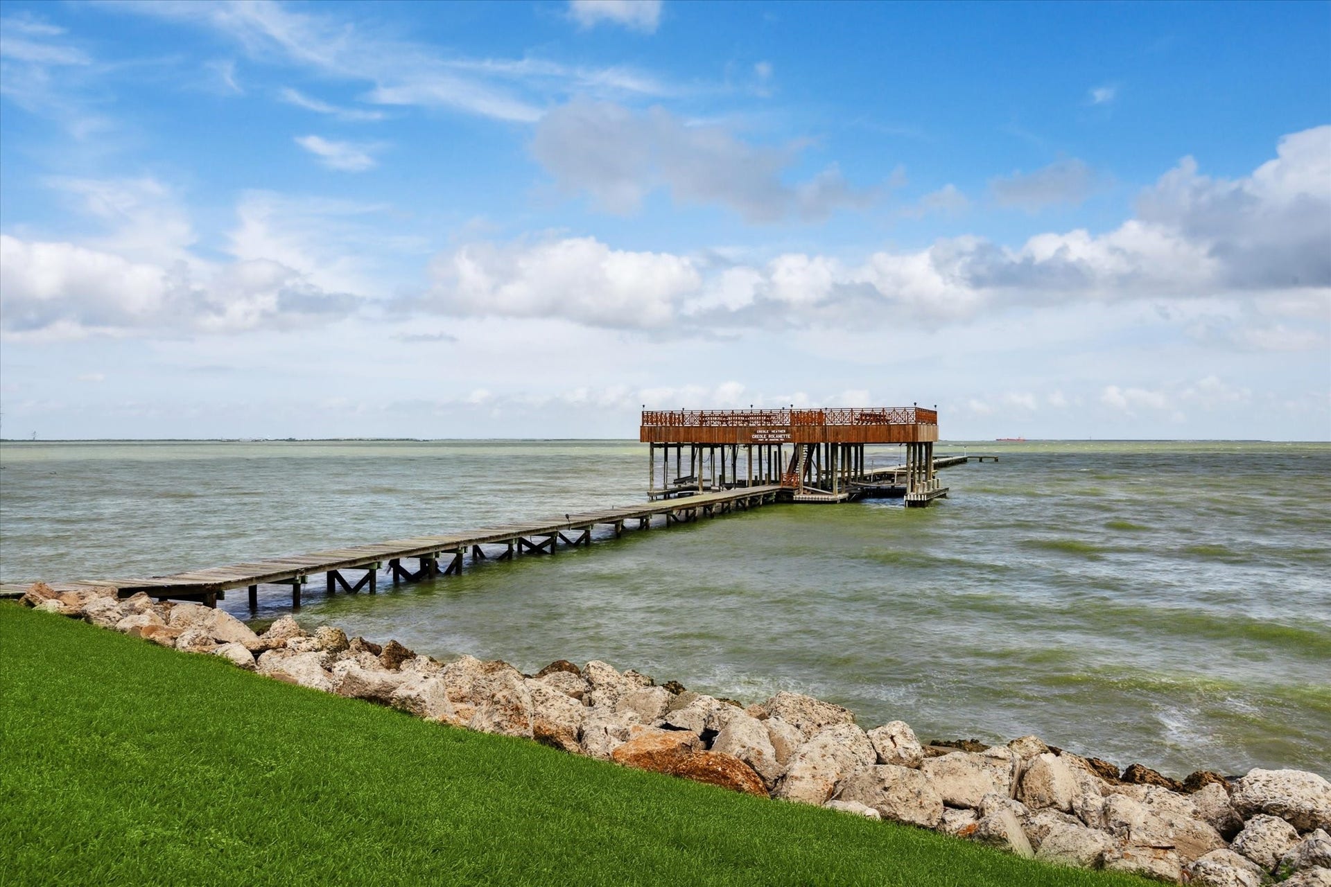 Another view of the main pier, protective bulk-head and rip-rap.