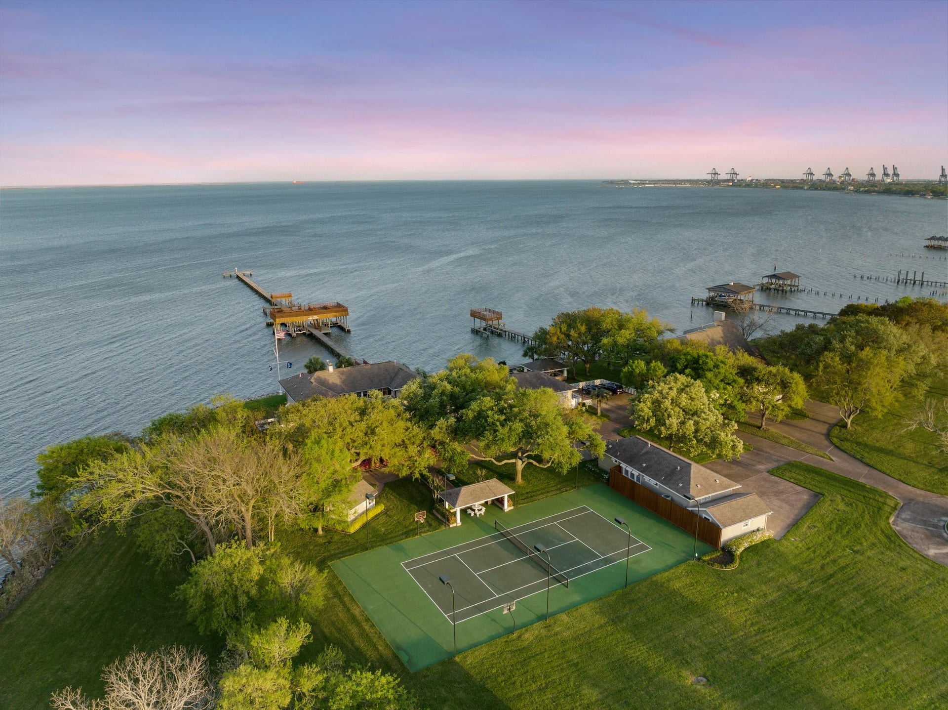 Aerial view looking out to Galveston Bay.