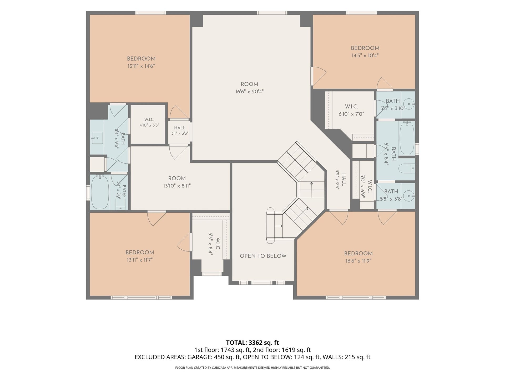 523 Rampart Lane, Conroe, TX 77302 Spacious second-floor layout featuring four bedrooms, each with a walk-in closet, two bathrooms, and an open central area for versatile use.