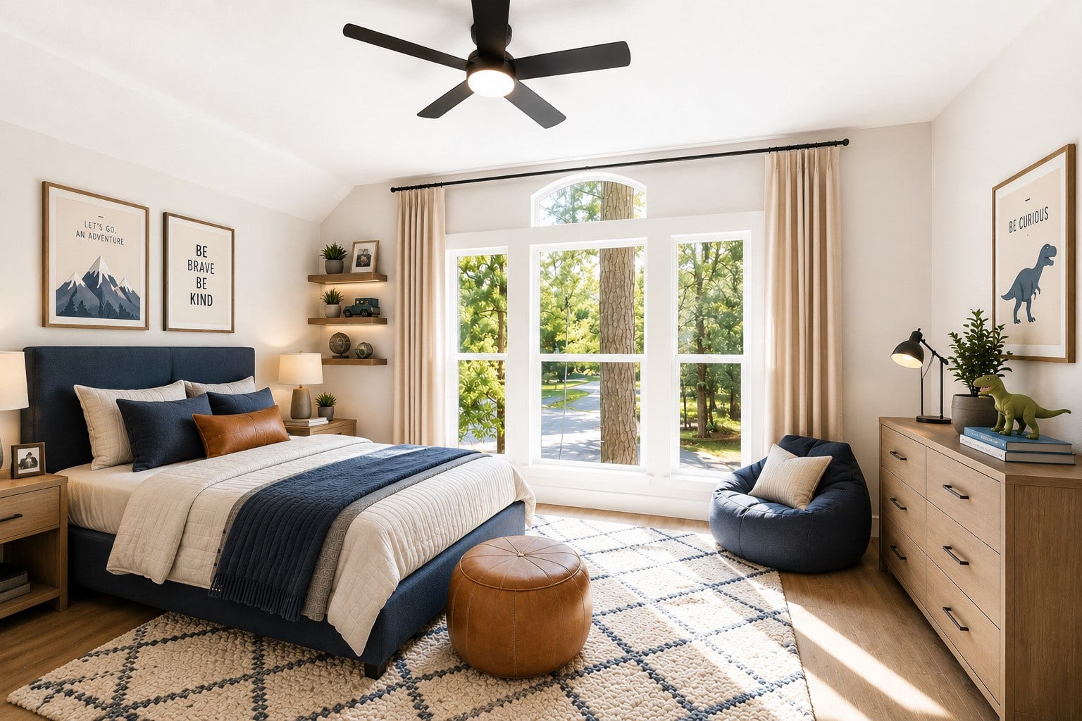 523 Rampart Lane, Conroe, TX 77302 Secondary bedroom, bright and inviting bedroom featuring large windows. Photo digitally staged.