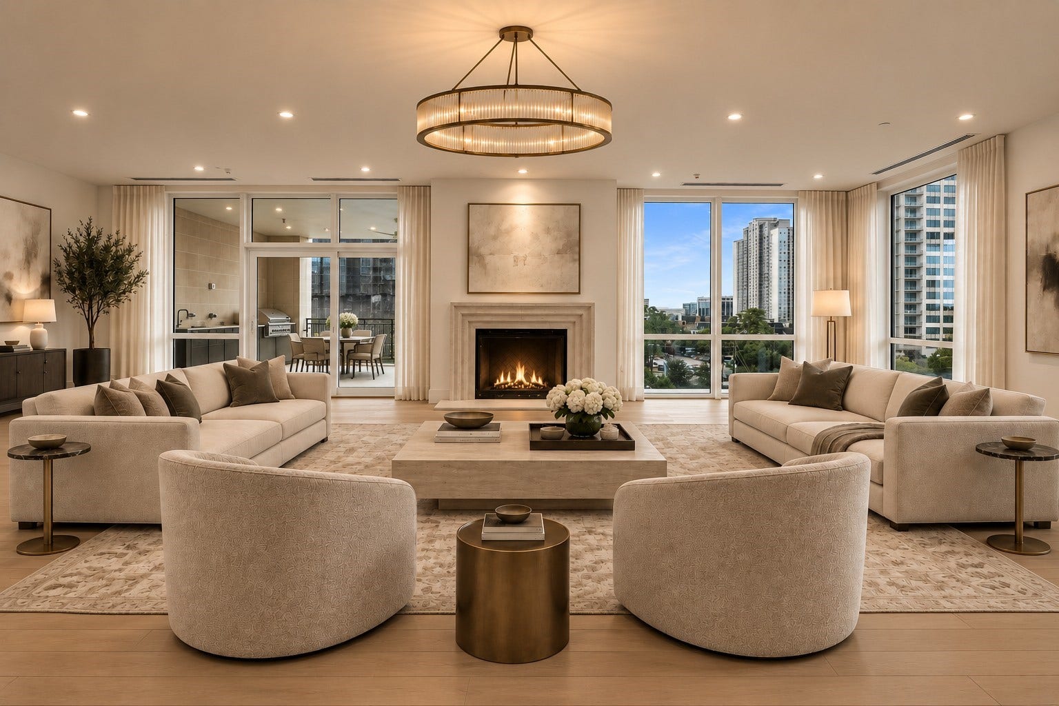 5010 Longmont Drive, #PH-6, Houston, TX 77056 Great Room Facing East | Gas Fireplace | Covered Terrace Access